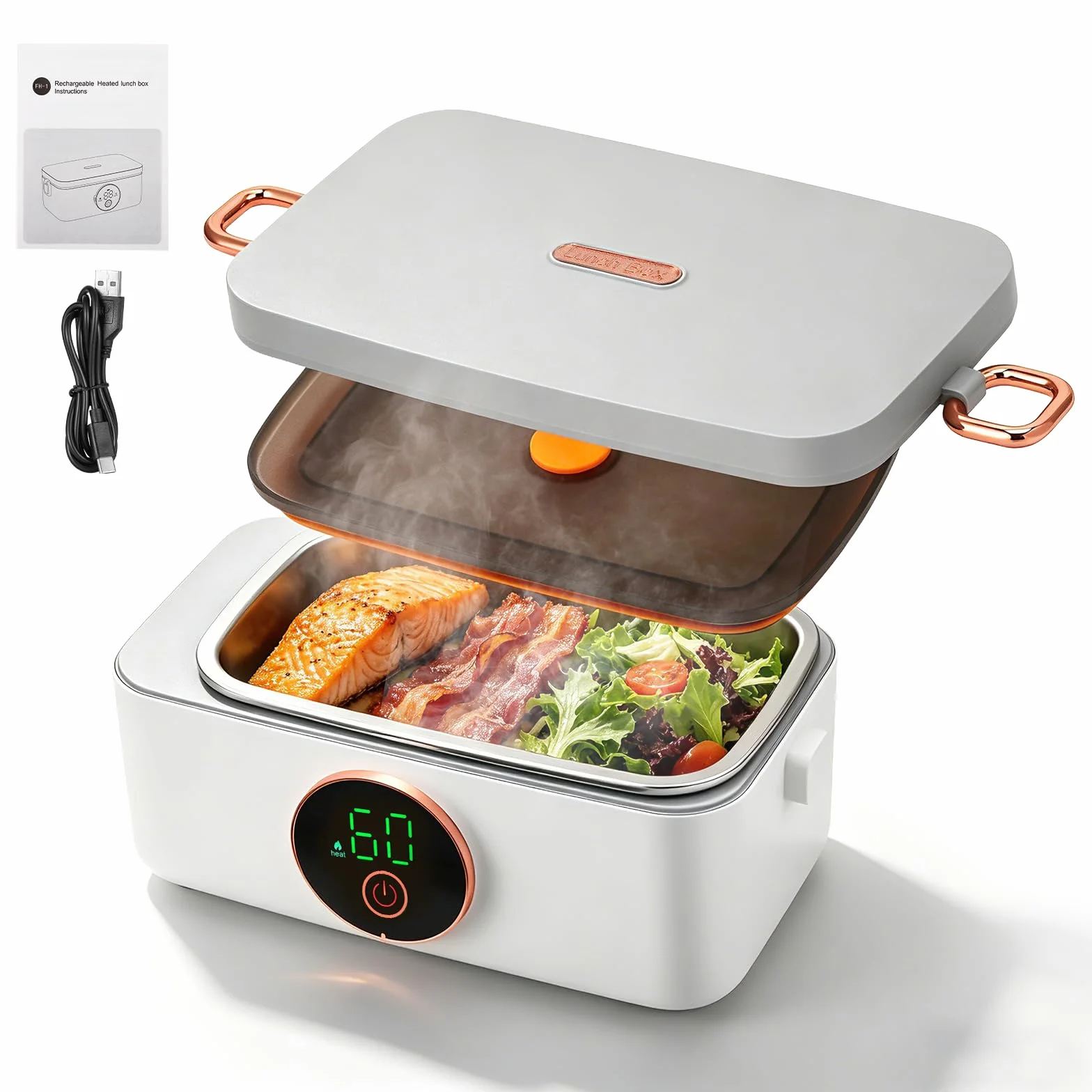 Fiambrera eléctrica con batería, portátil, inalámbrica, portátil, fiambrera, 1 L, extraíble, de acero inoxidable, aislado y autocalentador, 6 temperaturas y 6 temporizadores, para oficina, picnic