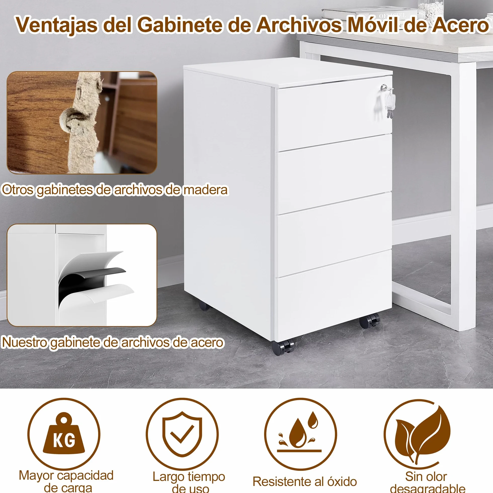 Cajonera móvil, Archivador Metálico con Cerradura, 4 Llaves, 4 Cajones, Premontado, para Oficina, Oficina en Casa, Blanco