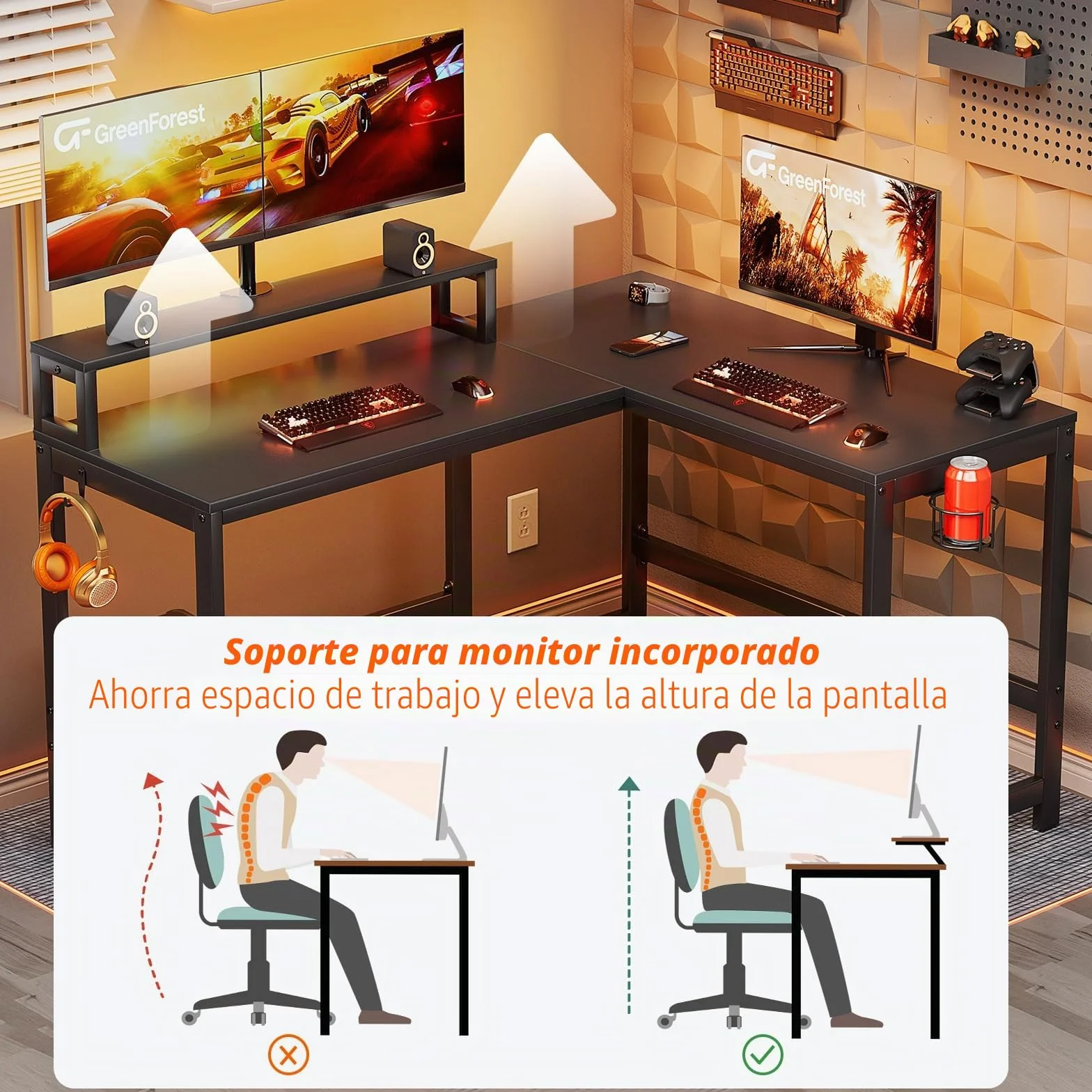 GreenForest Escritorio para juegos en forma de L con portavasos y gancho para auriculares, reversible de 128 cm para computadora con soporte para monitor