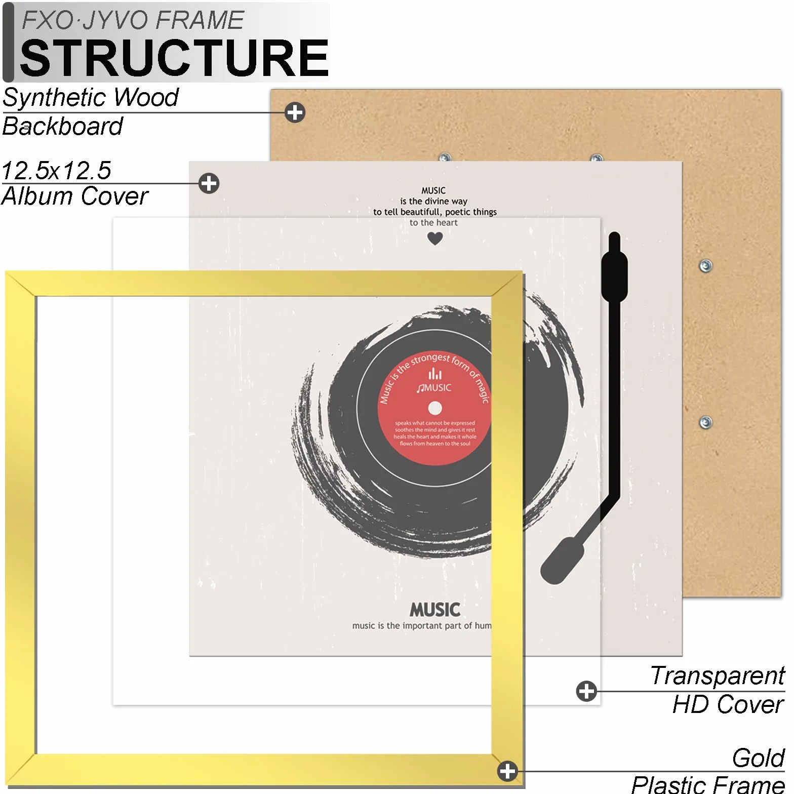 Marco de disco de vinilo para LP de 30.5 cm con portada de álbum de 12.5 x 12.5 pulgadas | Marco dorado de 12.5 x 12.5 pulgadas, peso ligero con soporte de pared de plástico de alta claridad, 4 paquetes/dorado
