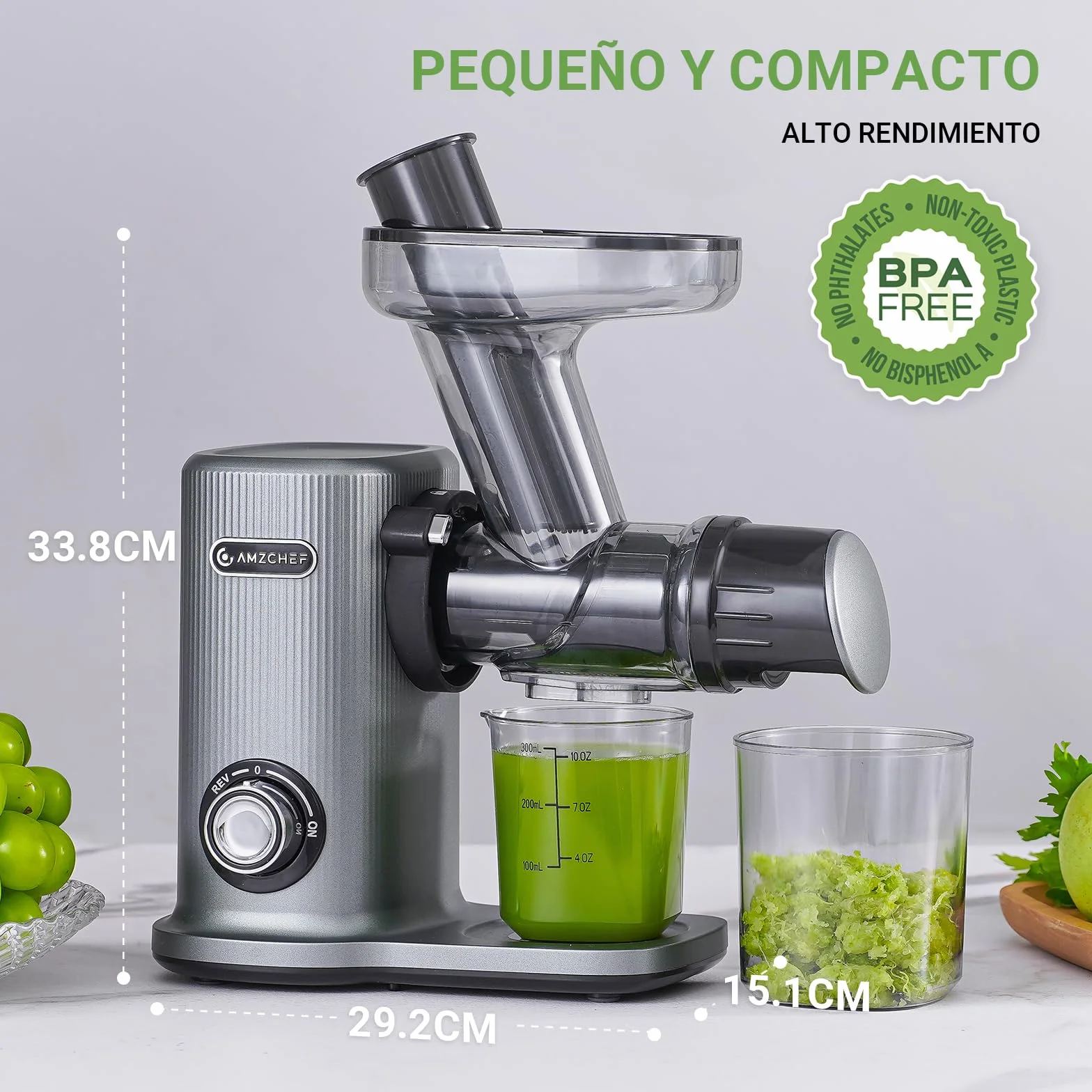 AMZCHEF Juicer Compacto Extractor Zumos Masticación Inversa Alta Tecnología Gris