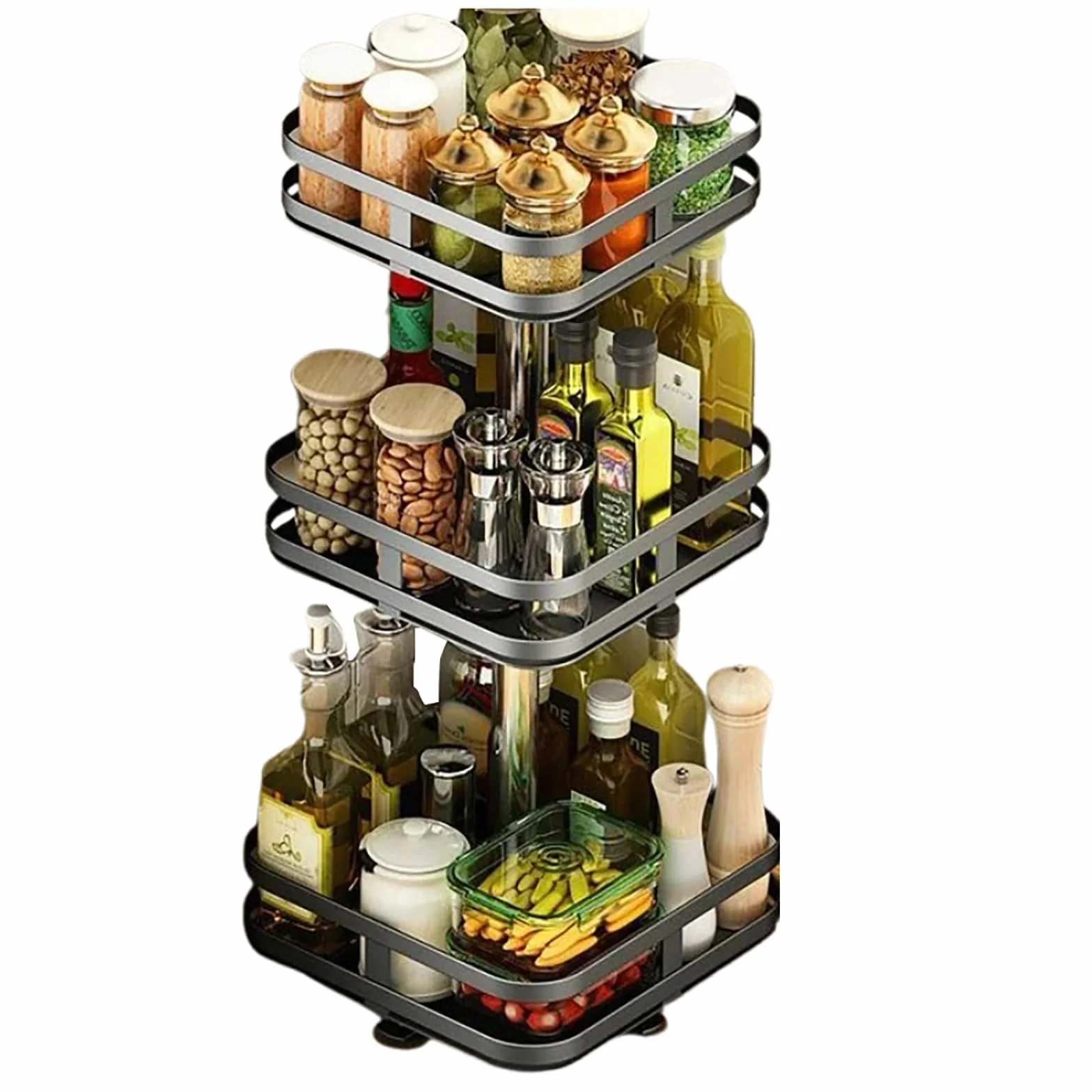 Estante de especias de 3 niveles, almacenamiento de especias giratorio de metal para cocina y baño, eficiente soporte de plato de 3 niveles, elegante dispensador de especias para un fácil acceso