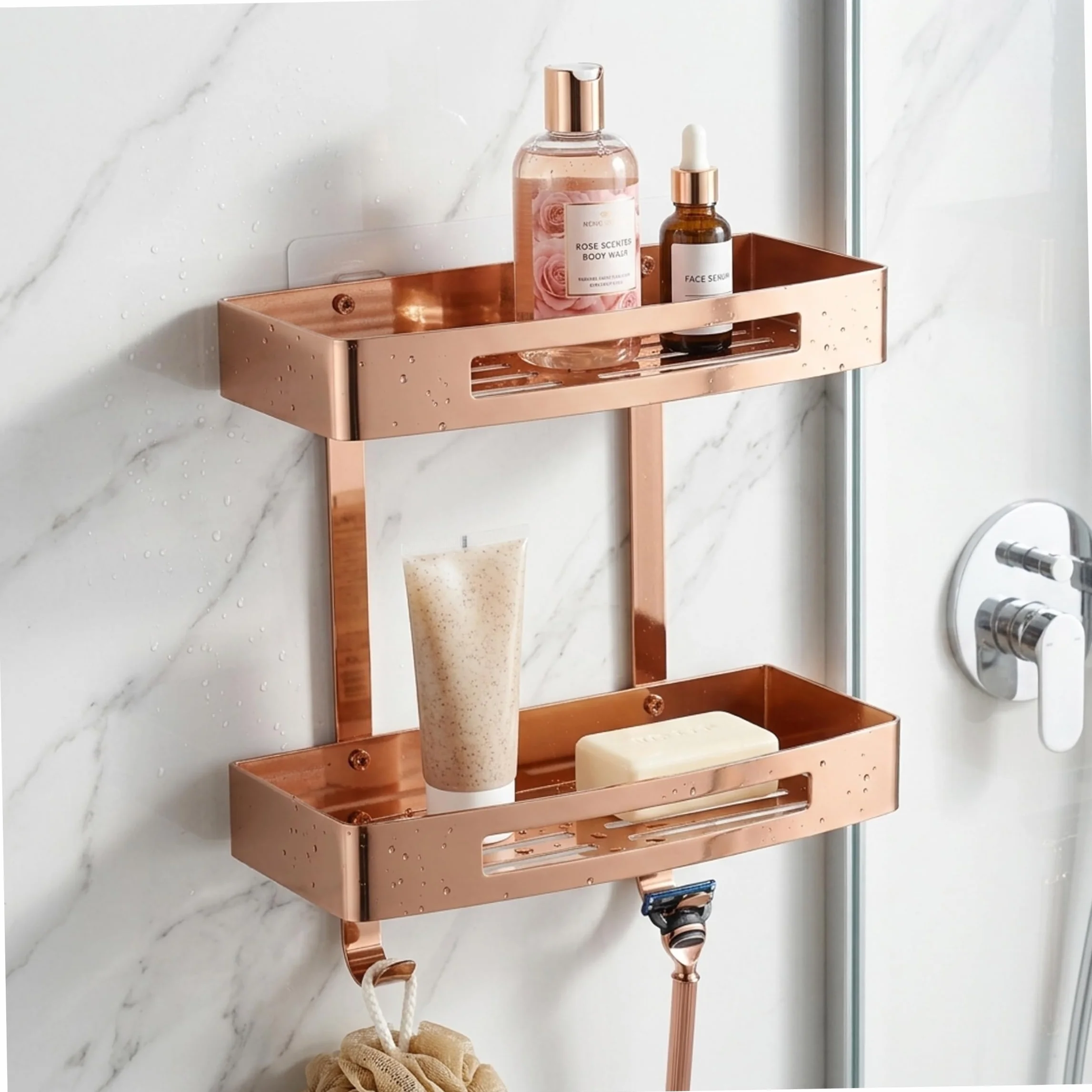 Estante esquinero para baño, carrito de ducha de doble nivel, organizador de pared adhesivo de acero inoxidable 304 con ganchos, oro rosa sin taladro