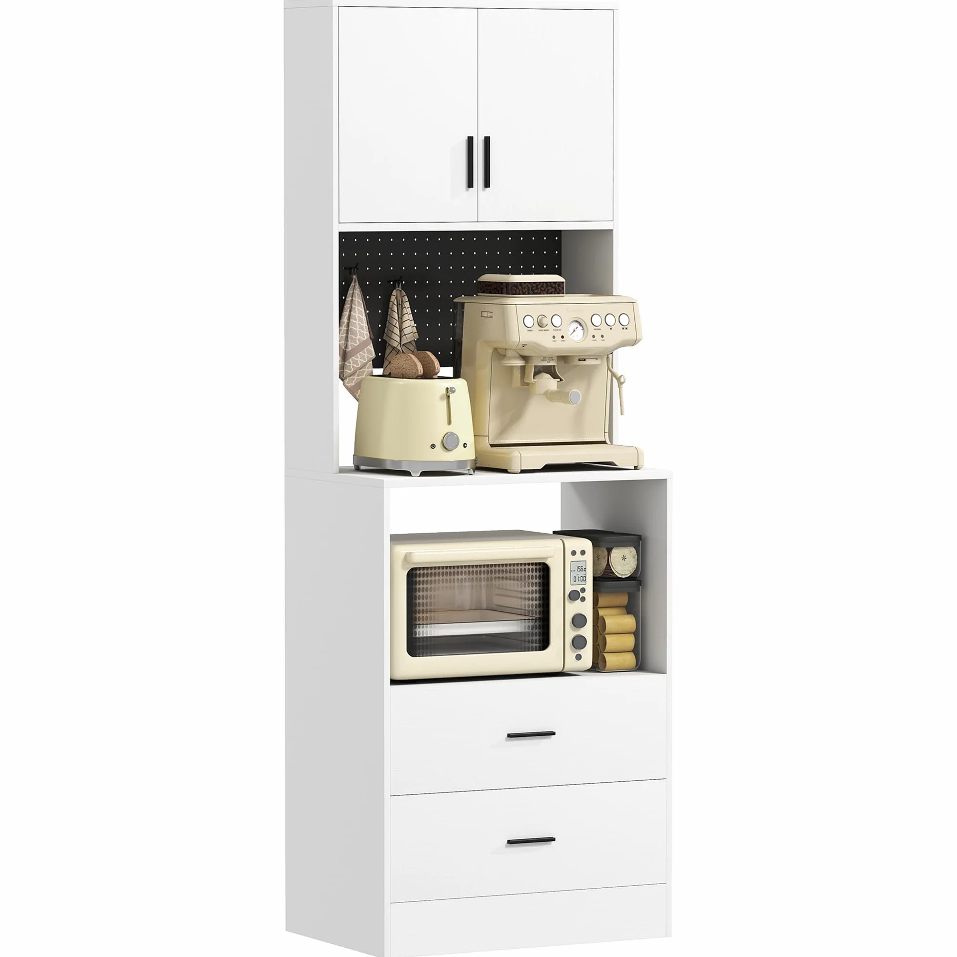 HOMCOM Mueble Auxiliar de Cocina, Aparador de Cocina con Soporte para Microondas, 2 Cajones, 2 Puertas, Estante Ajustable y Panel Perforado de Metal con 4 Ganchos, para Salón, 60x40x170 cm, Blanco