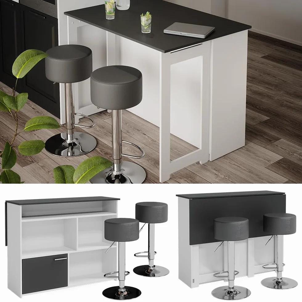 Vicco Set de Mesa de Bar Dominic, Antracita/Blanco, 116 x 37 cm, 2 Taburetes, Tablero Abatible