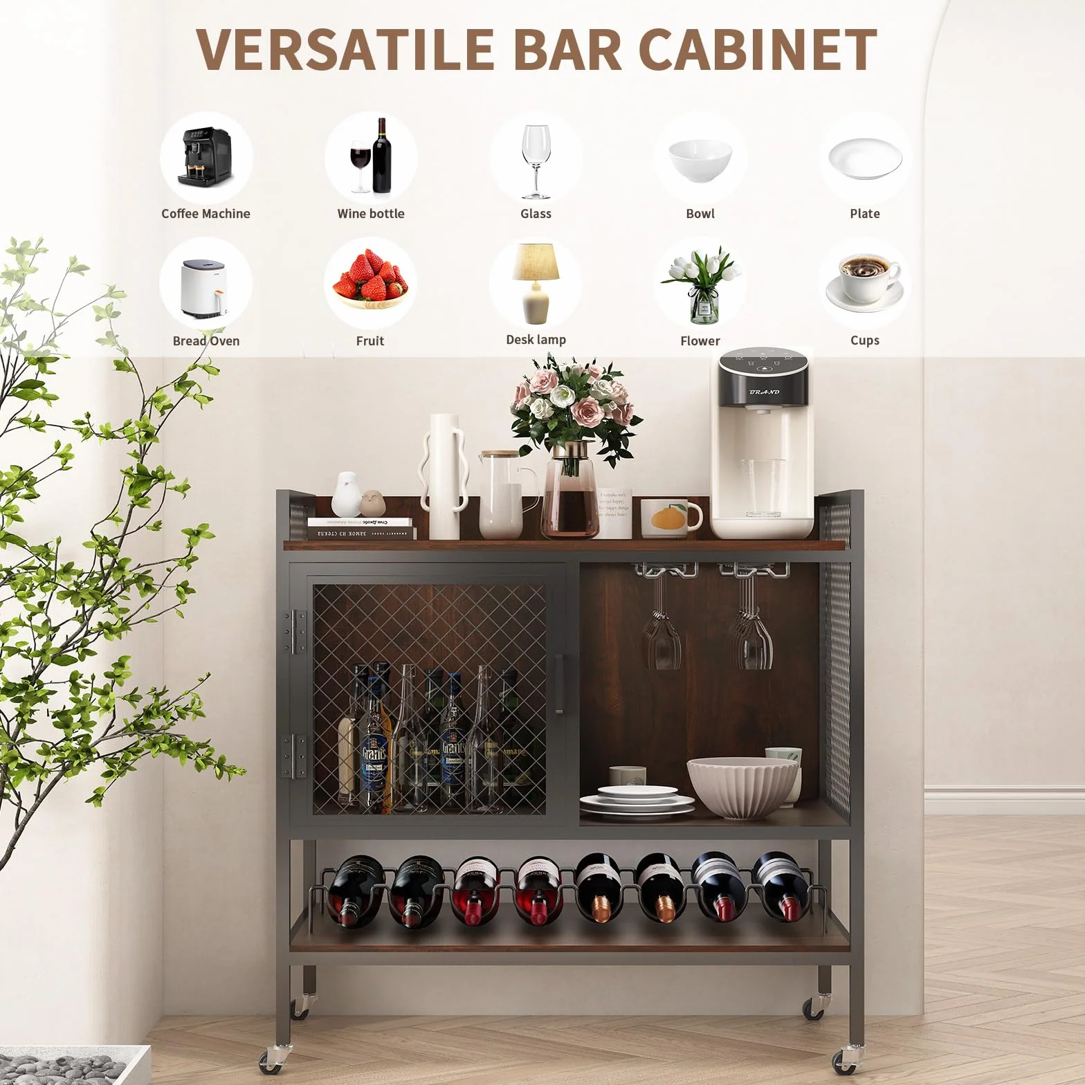 Armario para Vino, aparador, Mesa de Bar de 3 Niveles con Ruedas, Estante para Vino, Soportes para Copas, Puerta de Malla, Armario de Almacenamiento de Cocina Industrial (Vintage)