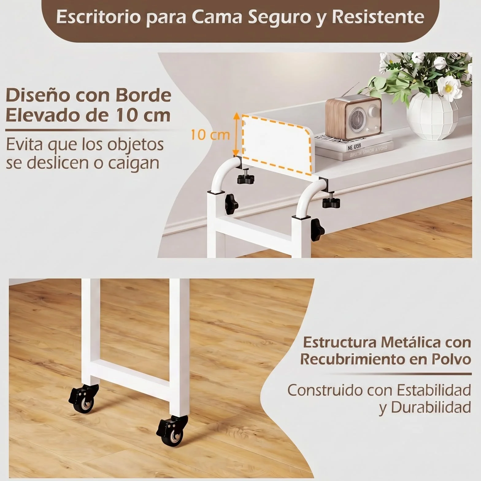 COSTWAY Mesa de Sobrecama con Ruedas, Altura y Longitud Ajustables, Escritorio Queen, Marco Metálico, Mesa para Cama, Dormitorio,135,5-206 x 40 x 73,5-102,5 cm (Blanco)