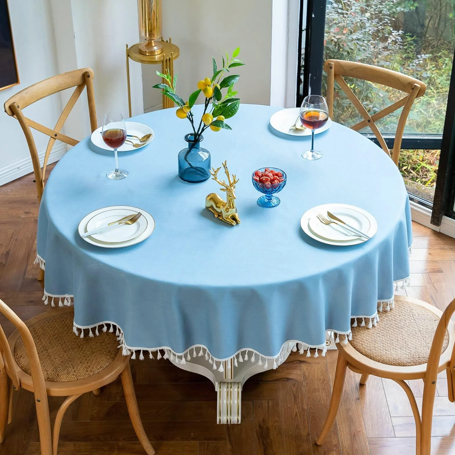 Gualiy Mantel Redondo de Tela, Poliéster Mantel Cocina Cafe Round 160CM Manteles de Mesa Antimanchas Color Sólido con Borlas Mantel para Mesa Cocina, Azul