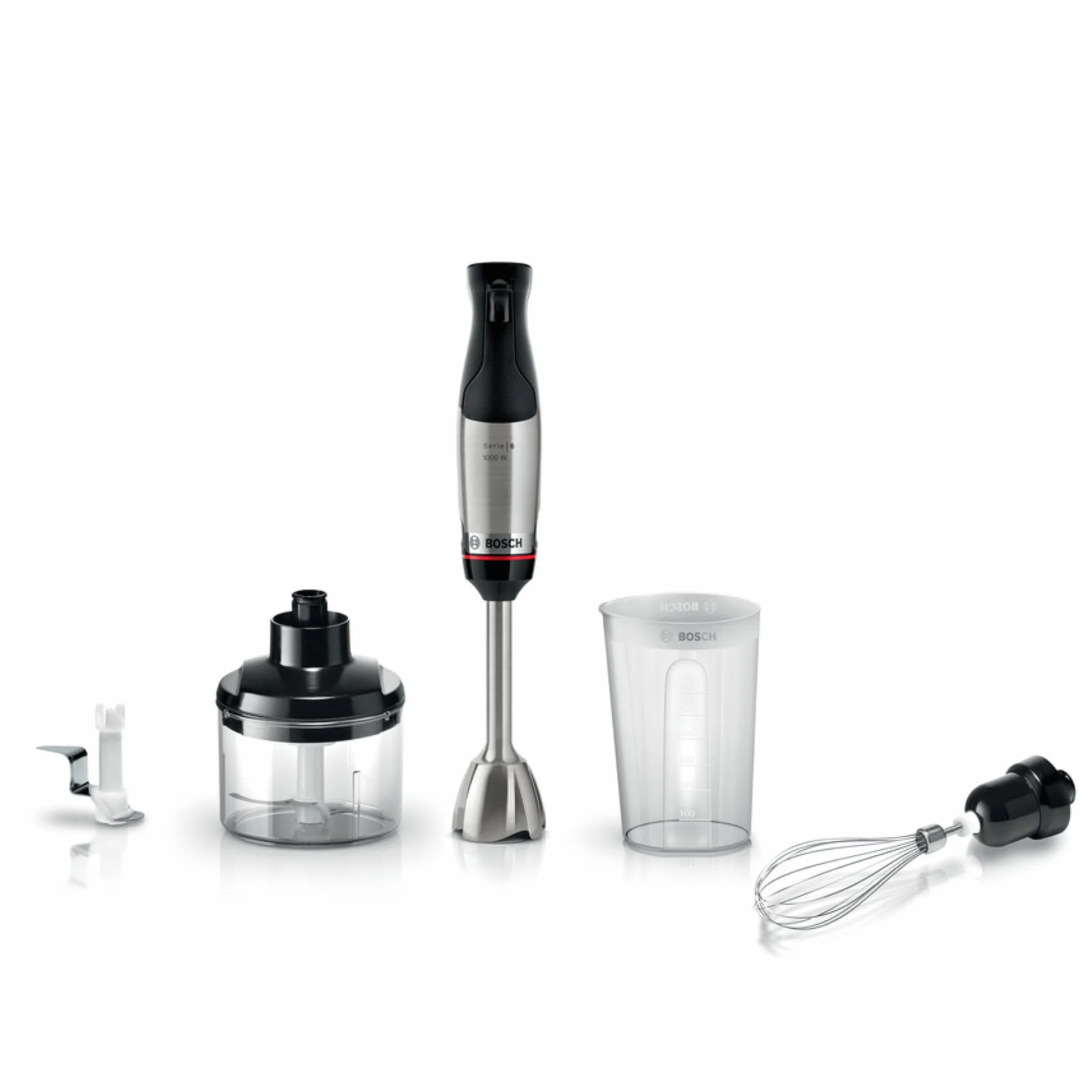 Bosch - Batidora de mano, ErgoMaster Serie 6, motor refrigerado por aire de 1000 vatios, control dinámico de velocidad, sistema de mezcla QuattroBlade, Acero inoxidable, MSM6M622