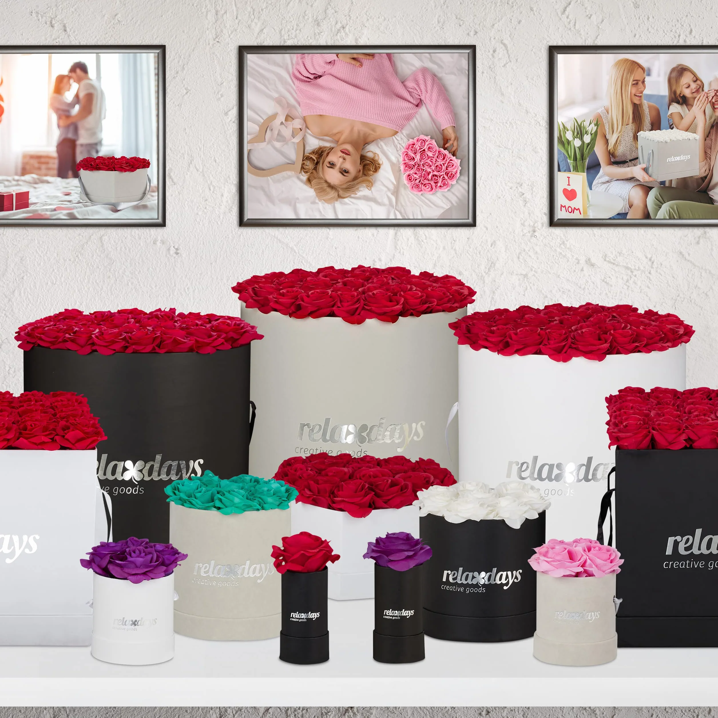 Relaxdays Caja Rosas Artificiales Corazón, 18 Flores, Cajita Negra, Duran hasta 10 Años, Idea Regalo, Decorativa, Rojo