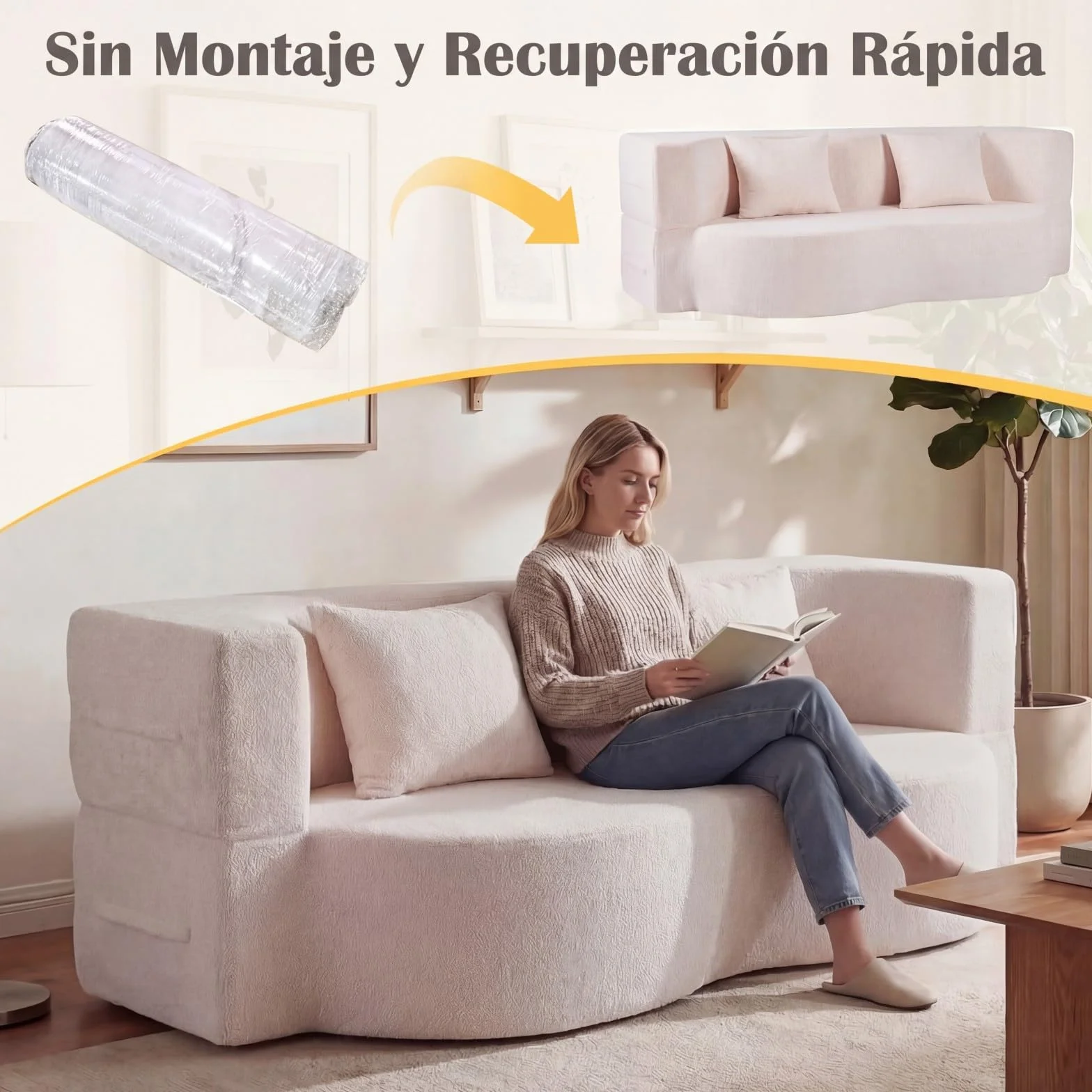 COSTWAY Sofá Cama de 2 Plazas, 192,5 cm, Sofá Convertible en Cama 2 en 1 de Tela de Polar Teddy con 2 Almohadas, sin Montaje, Sofa Comprimido de 2 Plazas sin Marco para Salón Cuarto Invitados (Blanco)