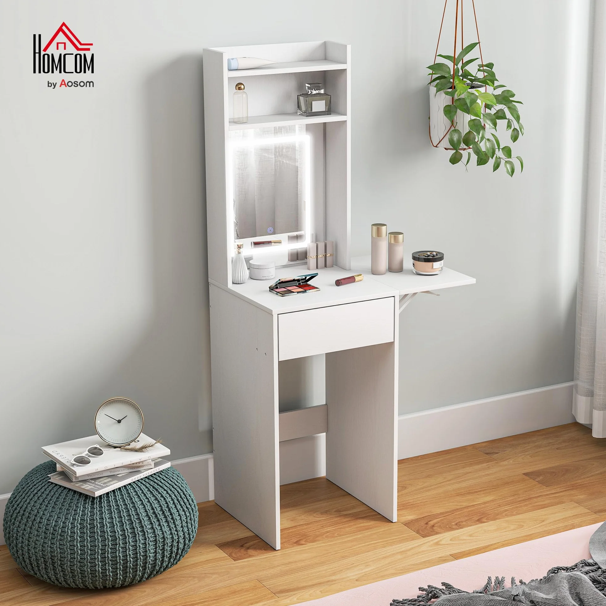 HOMCOM Tocador de Maquillaje con Luces LED de Color Ajustable en 3 Tonos y Espejo Tocador Pequeño Moderno con Lateral Abatible Cajón Compartimentos Abiertos para Espacios Pequeños Blanco