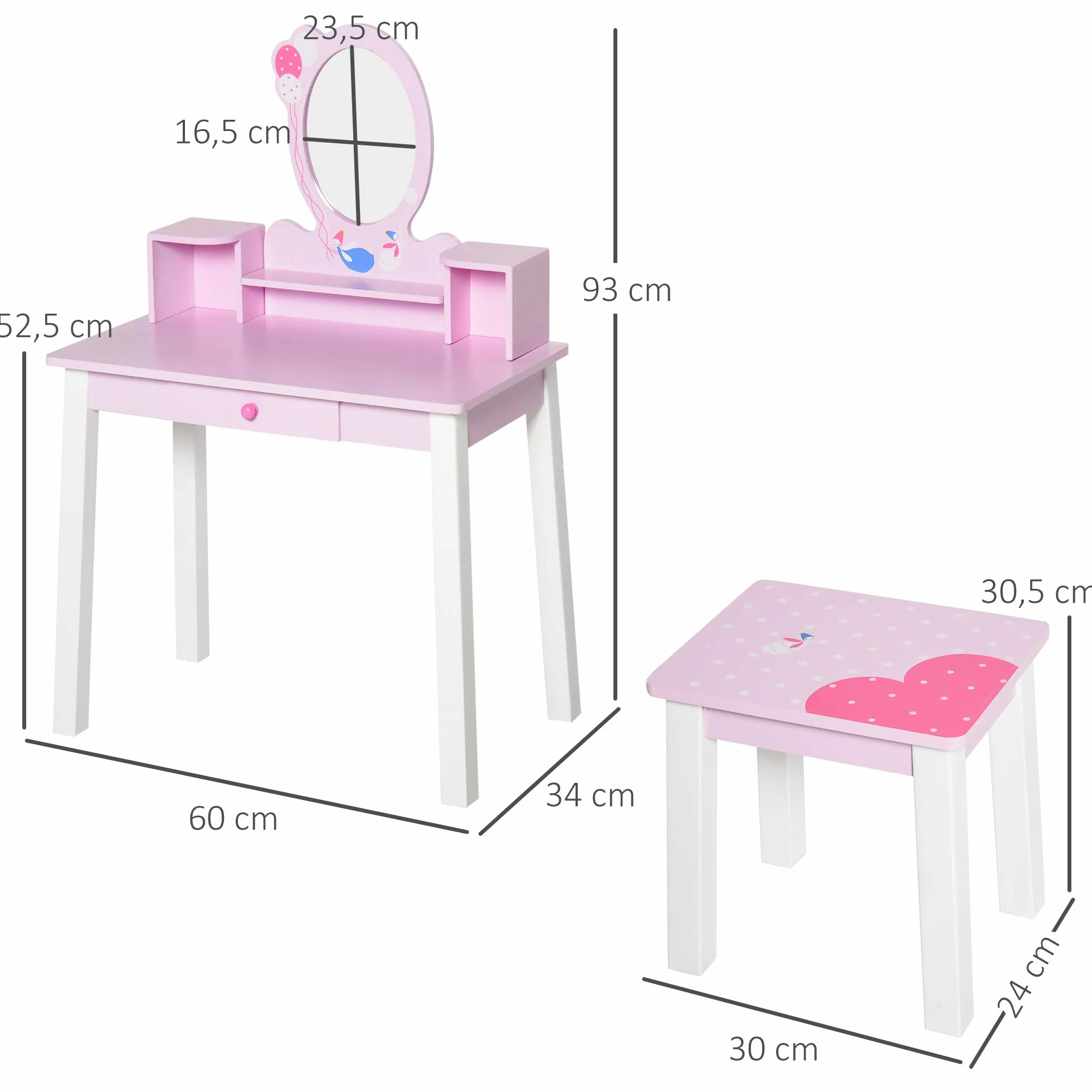 HOMCOM Tocador Infantil con Taburete y Espejo Tipo Princesa Mesa de Maquillaje Madera Rosa 60x34x93 cm