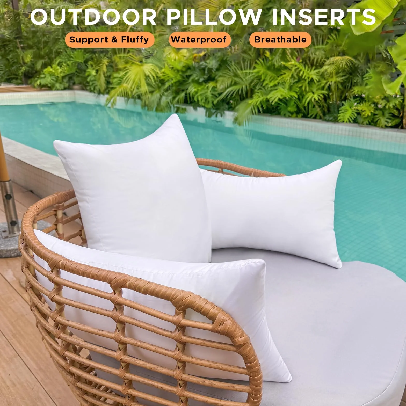 Juego de 2 cojines cuadrados de 45 x 45 pulgadas para exteriores, impermeables, para sofá, porche, exterior, muebles de patio, cojines decorativos, tamaño mediano, blanco, relleno de cojín