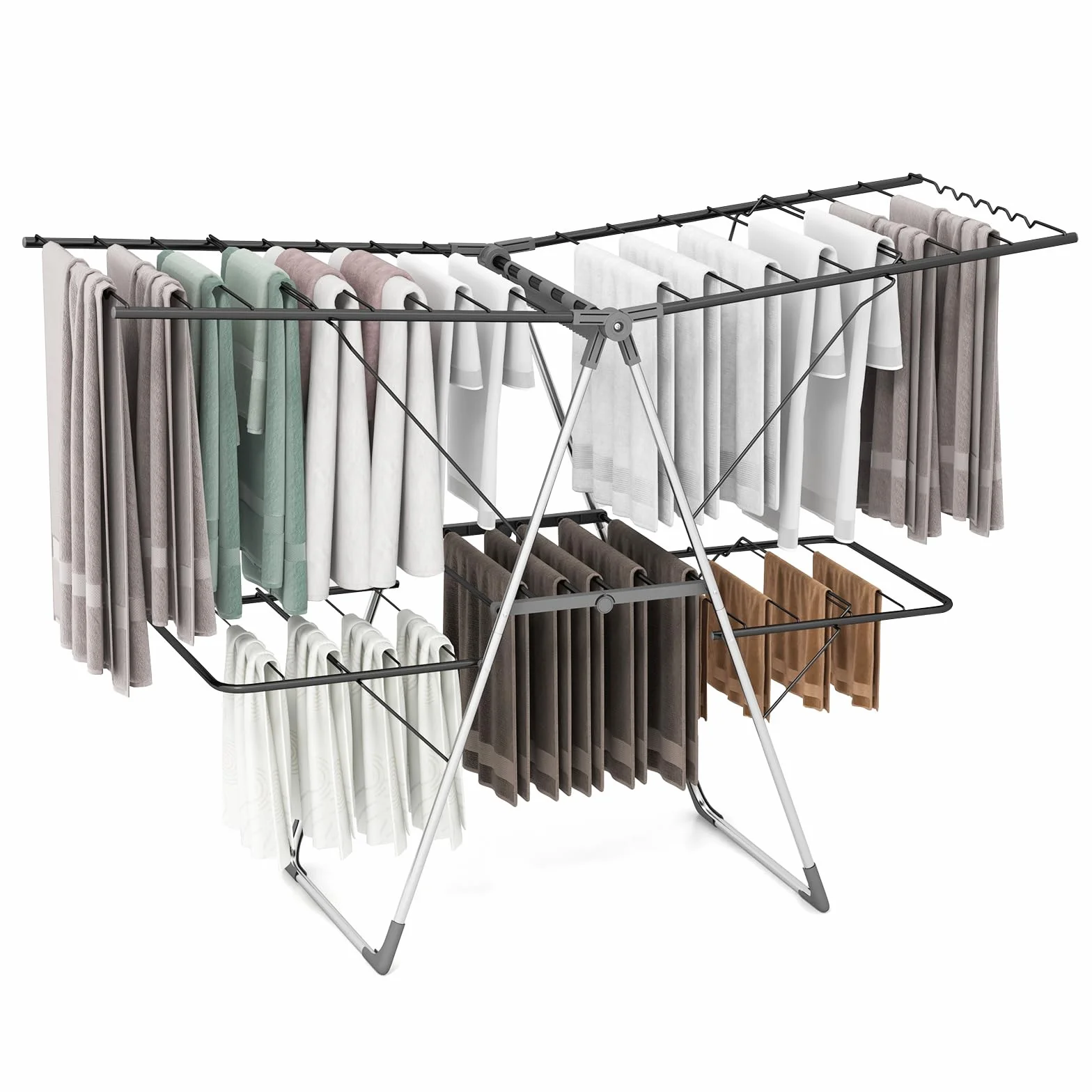 GIANTEX Tendedero Plegable de 2 Niveles, Secador de Ropa con Alas Ajustables en Altura (75-130 cm), 33 Barras, Clip Útiles, Marco de Acero en Forma de A, Tendedero Ahorra Espacio