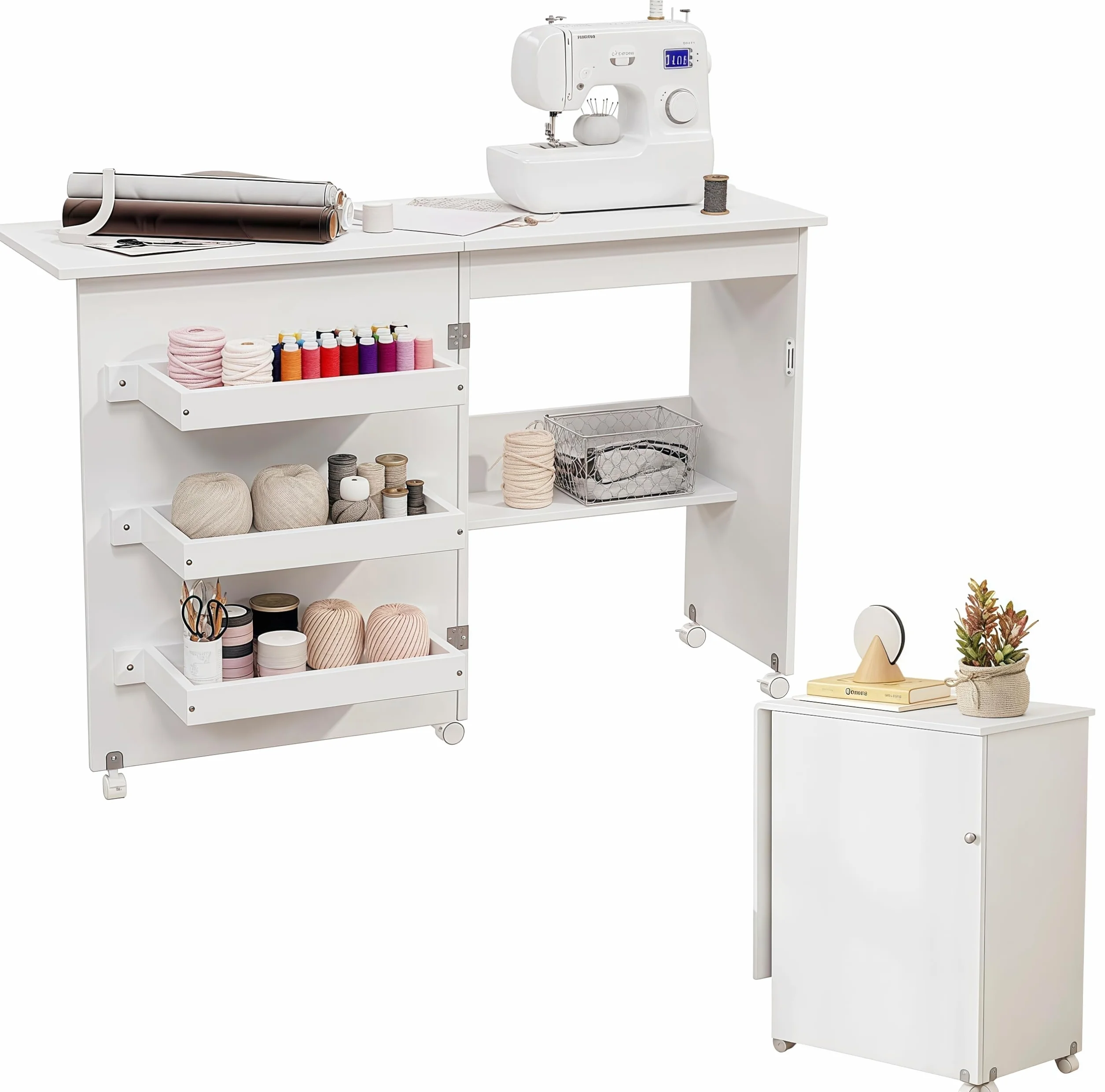 Mesa de costura plegable multiusos con 3 compartimentos de almacenamiento y estante, mesa de trabajo con ruedas para espacios pequeños