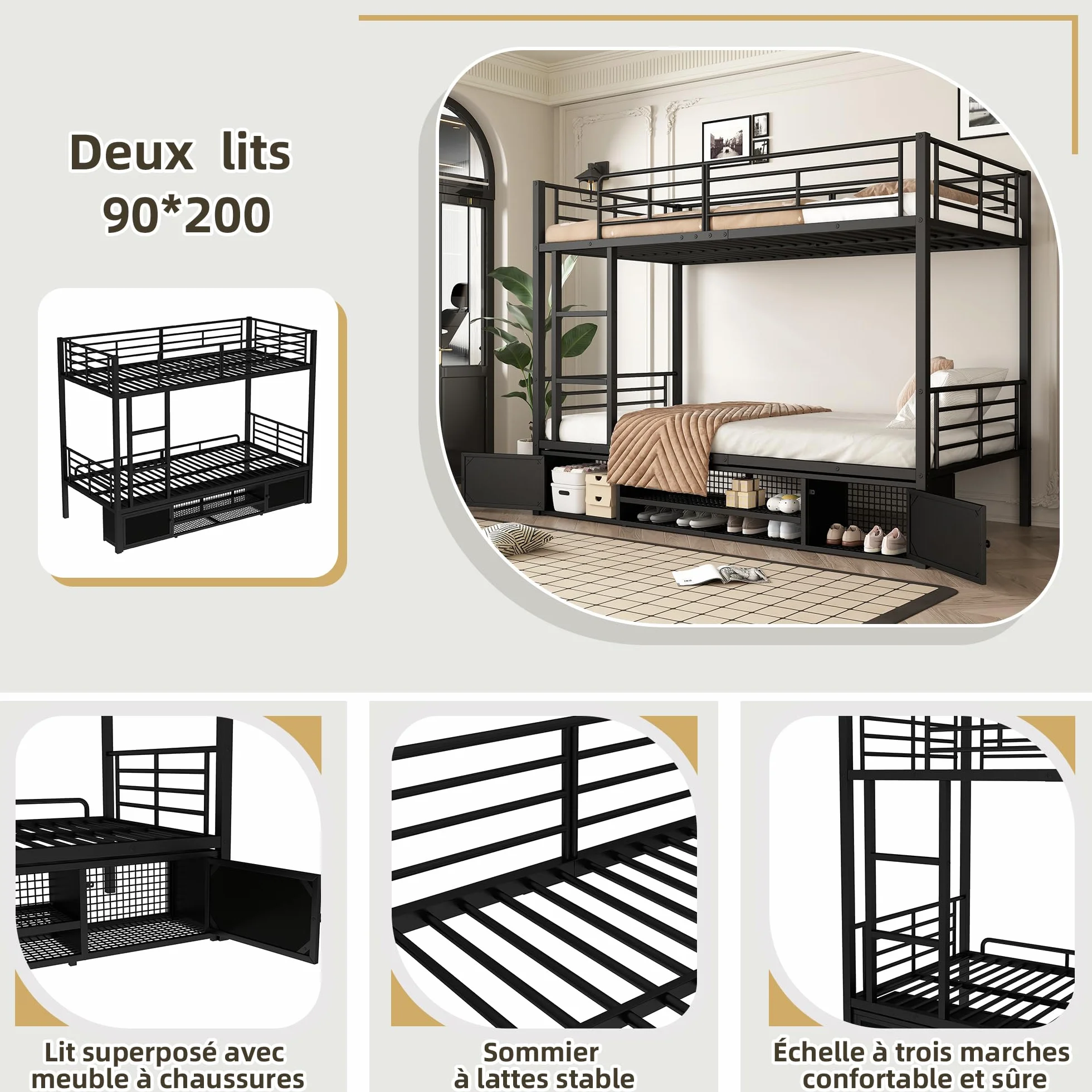 Cama litera de hierro, adecuada para niños y adolescentes, con escalera lateral y rejilla de protección, color negro, 90 x 200 cm