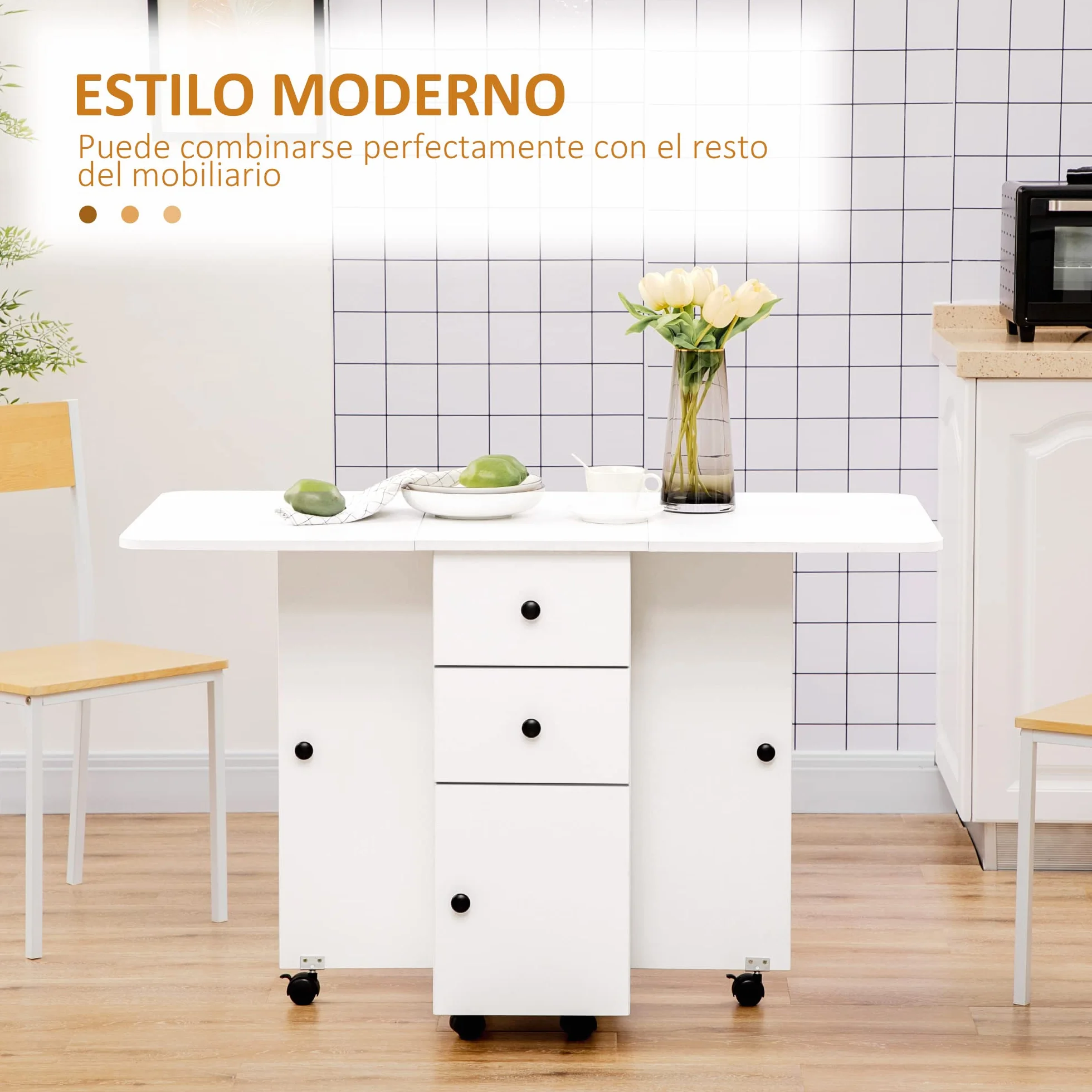 HOMCOM Mesa Plegable de Comedor, Mesa de Cocina Plegable, con Ruedas, Alas Abatibles, 2 Cajones, Estante y Armario, hasta 6 Personas, para Salón, Espacio Pequeño, 120x60x76,5 cm, Blanco
