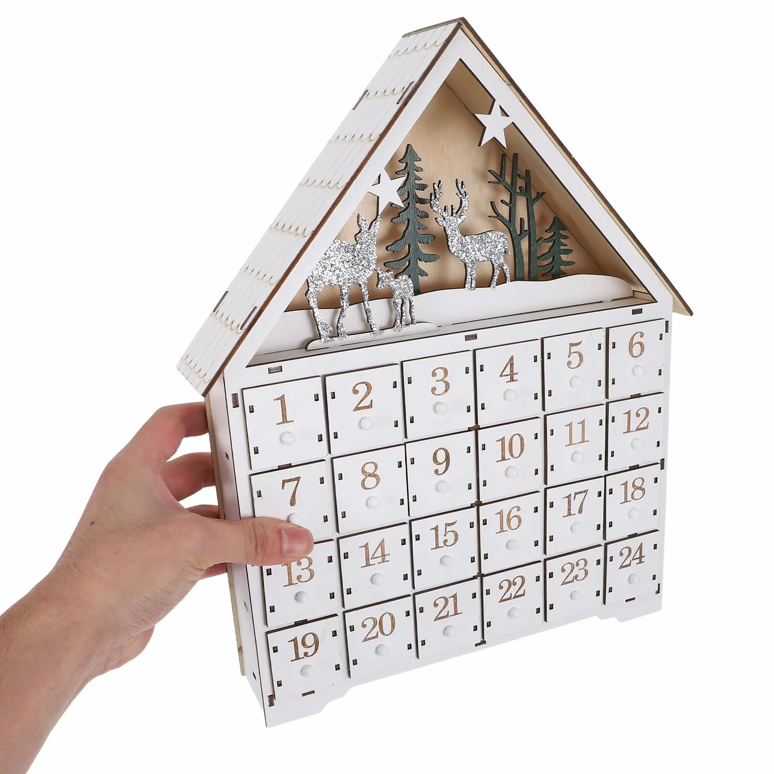 Calendario de Adviento de Madera con Luces LED y Cajones Reutilizables Decoración Navideña con Reno y Casa para Regresiva Hogar Calendario Compacto para Almacenaje Navidad