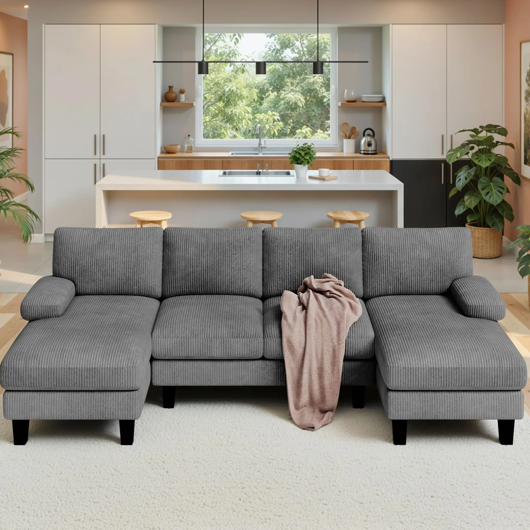 Xbro Sofá 4 Plazas en Forma de U, con Chaise Longue, Práctico y Funcional,Sofá de Corduroy para Salón, 270 x 122 x 86 cm, Gris Oscuro