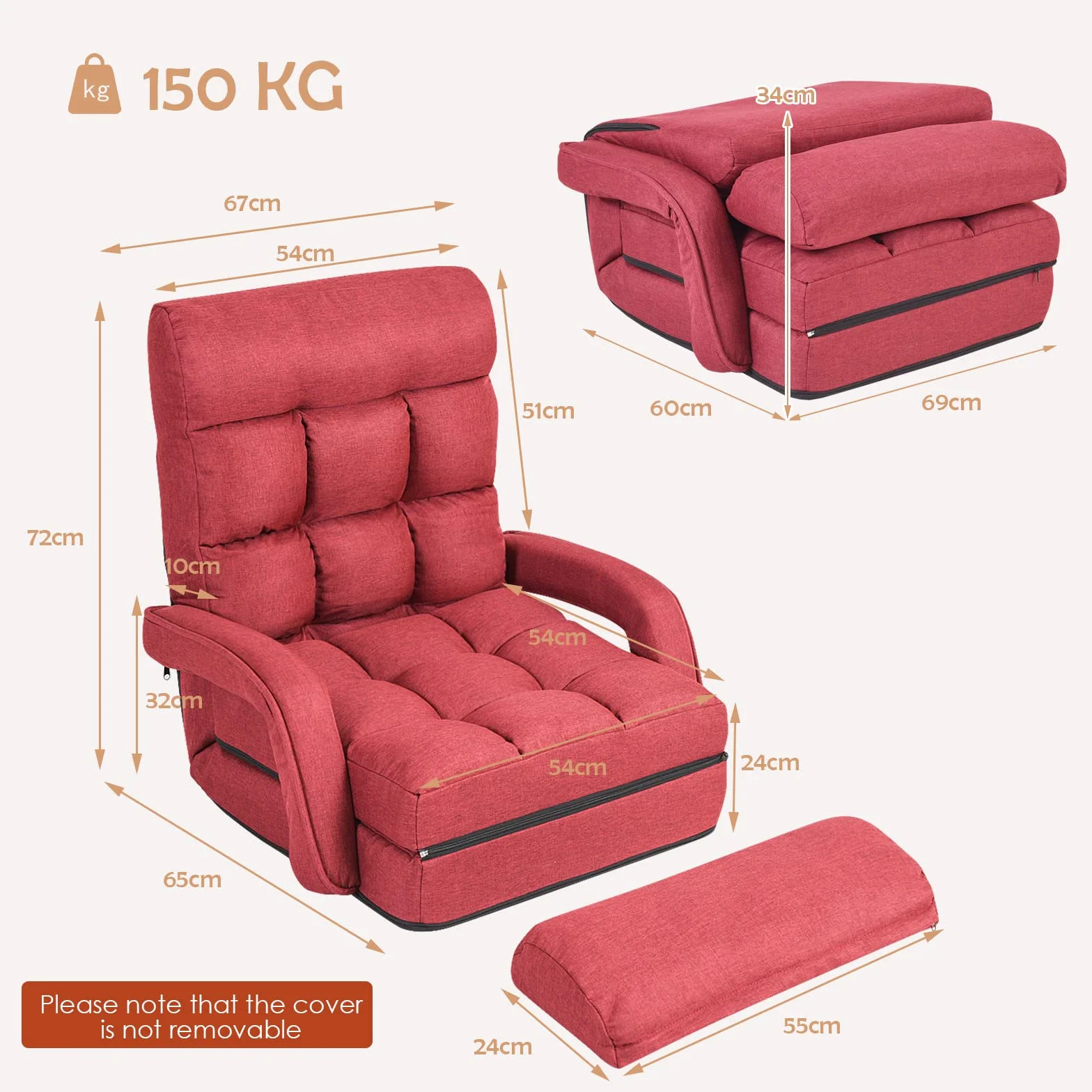 LIFEZEAL Sillón Individual Convertible, sofá Cama Plegable con Respaldo Ajustable en 5 Posiciones, Silla Suelo de 1 Plaza con cojín y reposabrazos, para salón, Dormitorio (Rojo)