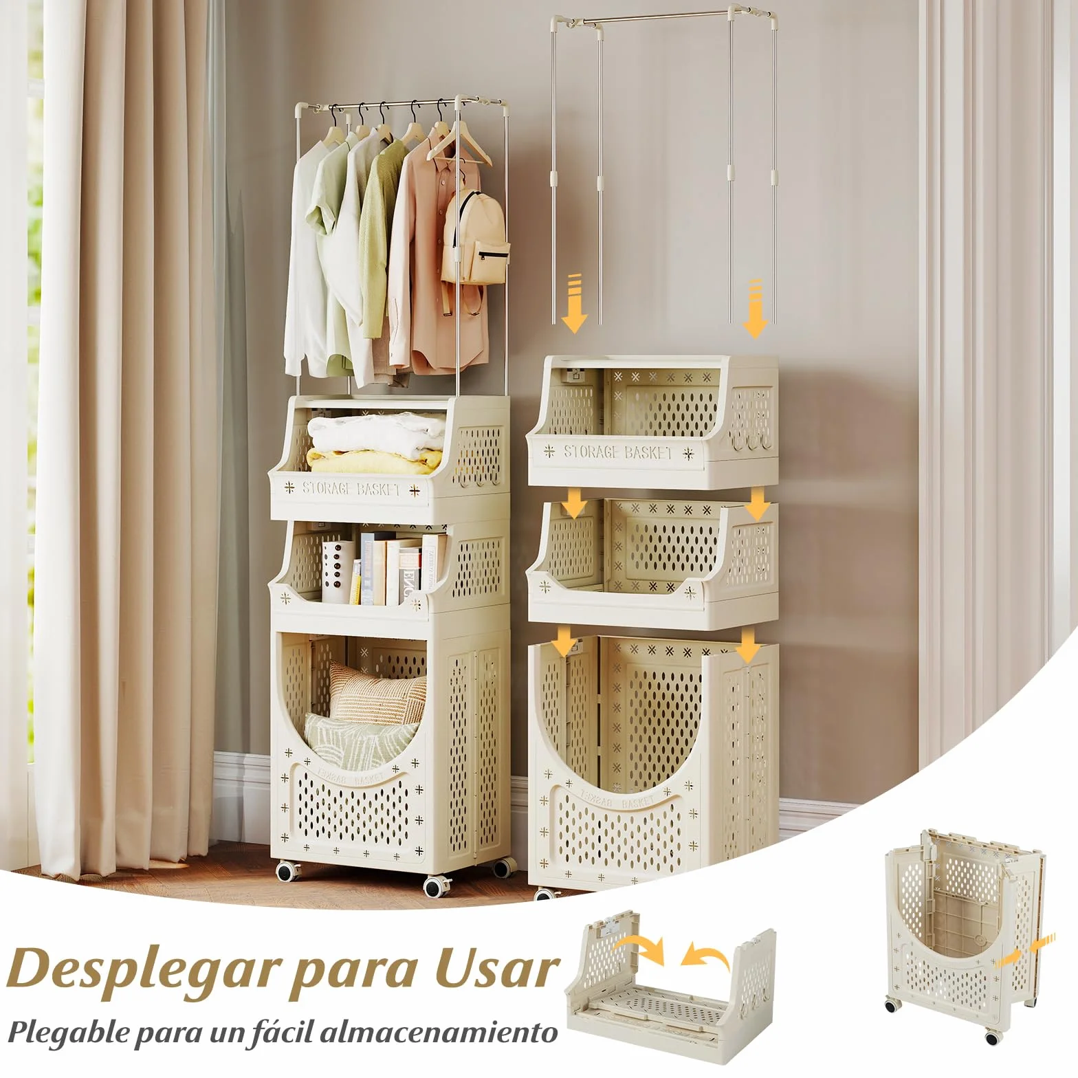 GIANTEX Cesto Ropa Sucia con Ruedas, Cesta de Lavandería Plegable con Copartimentos Abiertos, 6 Ganchos, Carrito de Almacenamiento para Baño, Dormitorio (81 L+Barra)