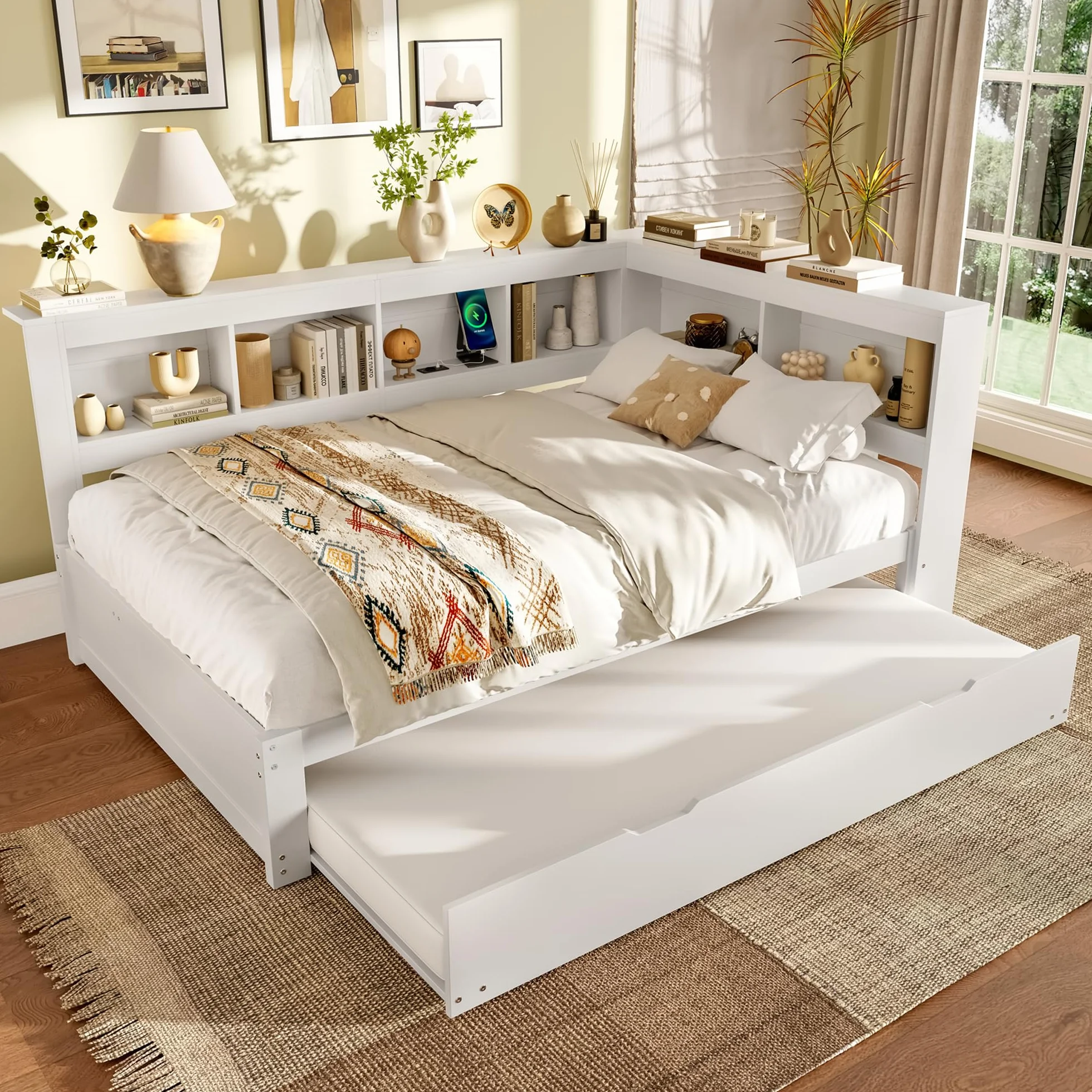 cama de día nido de 140 x 200 cm, sofá con enchufe integrado y 2 puertos USB, incluye somier, cama de invitados que ahorra espacio, madera de pino, blanco (sin colchón)