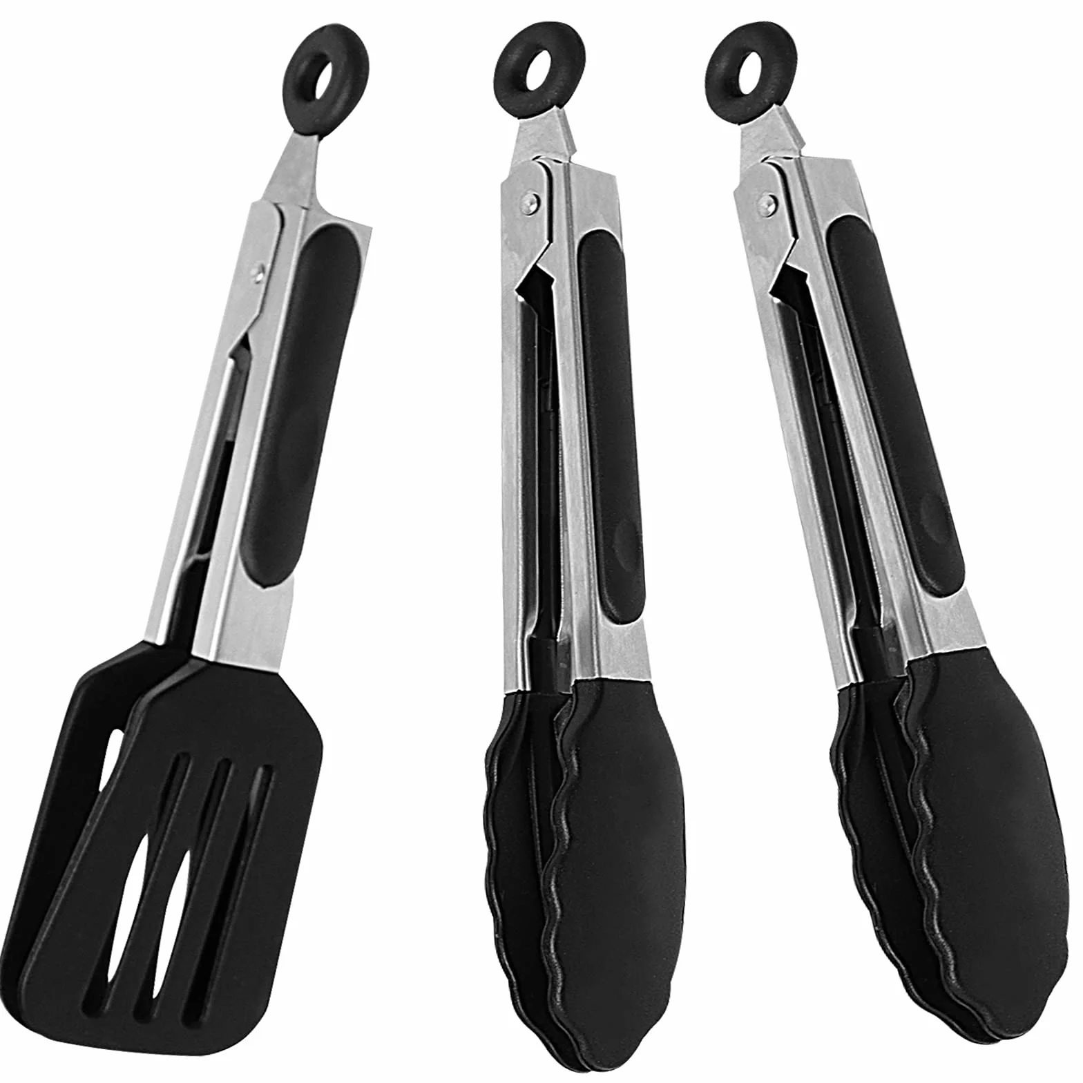 Juego de 3 pinzas de silicona para servir de 7 pulgadas con puntas de silicona | Mango de acero inoxidable, antiarañazos, resistente al calor, para ensaladas, pastas, filetes, verduras