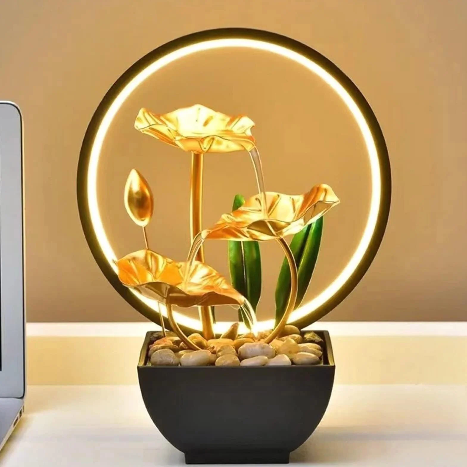 Fuente de cascada para interiores de 3 niveles con luz LED y piedras para calmar la decoración del hogar y la oficina, regalo de Año Nuevo, fuente pequeña para interiores