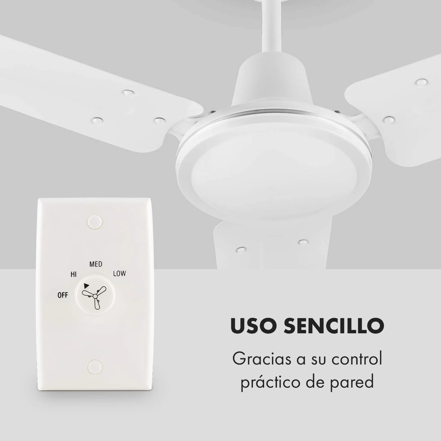 Klarstein Spin Doctor - Ventilador de techo, 3 aspas, Diámetro: 48" / 122 cm, Caudal de aire: 9963 m³/h, 56 W, 3 velocidades, Control de pared independiente, Cuerpo: acero inox., blanco