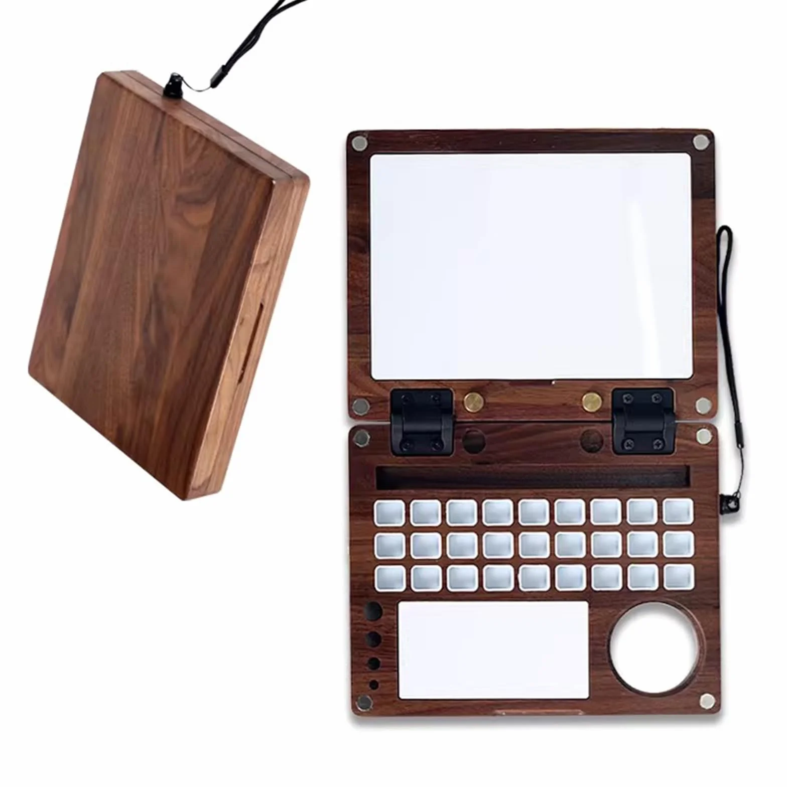 Caja de paleta de madera de acuarela con ranura para pinceles, soportes, taza de limpieza y clip para teléfono para acuarela, gouache y pintura acrílica al aire libre