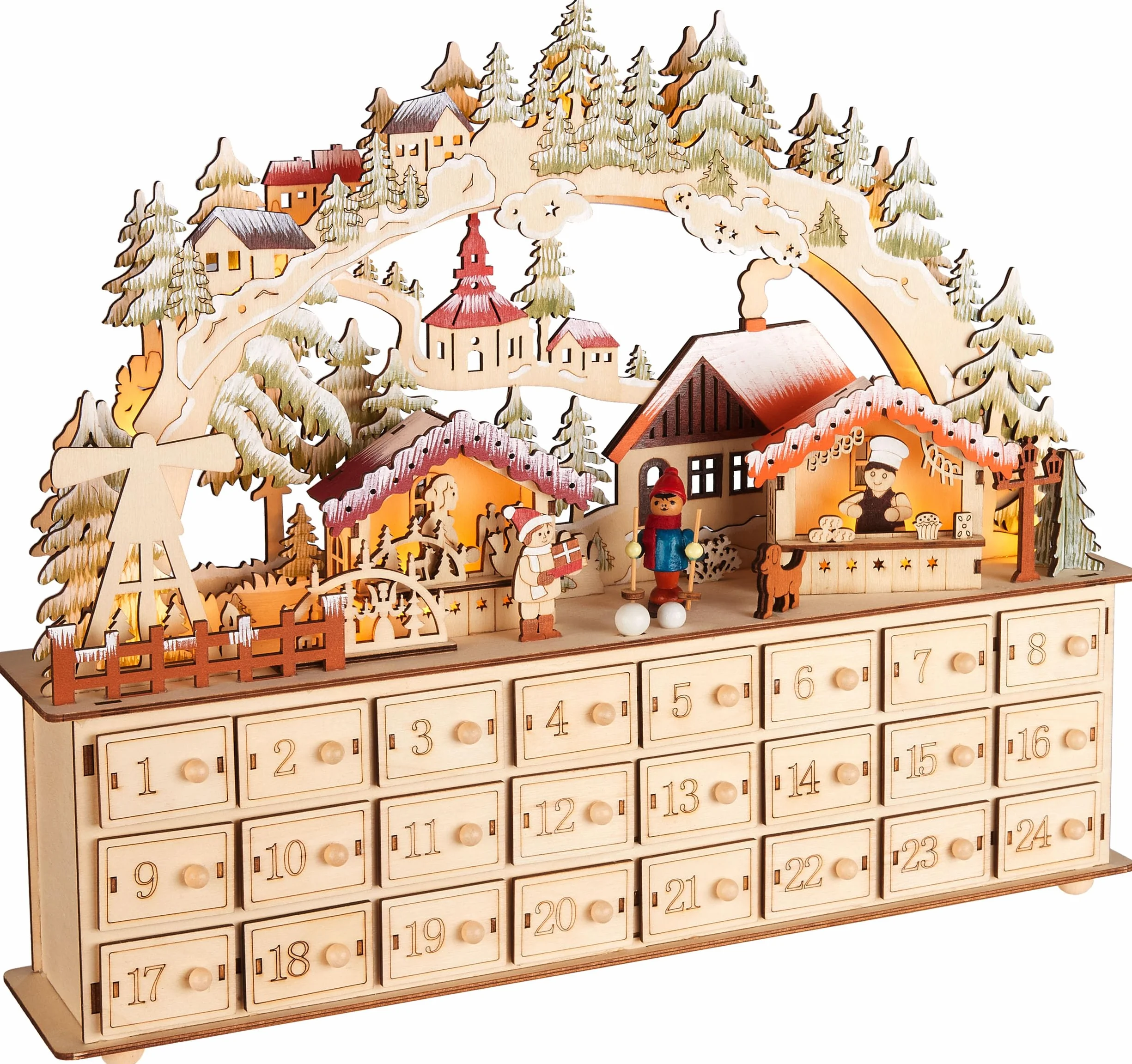 BRUBAKER Calendario de Adviento para Rellenar - Aldea de Navidad Iluminado con Arco - Calendario de Navidad de Madera de 40 cm con Iluminación LED - Aldea con Niños, Panadería, Perro y Bosque