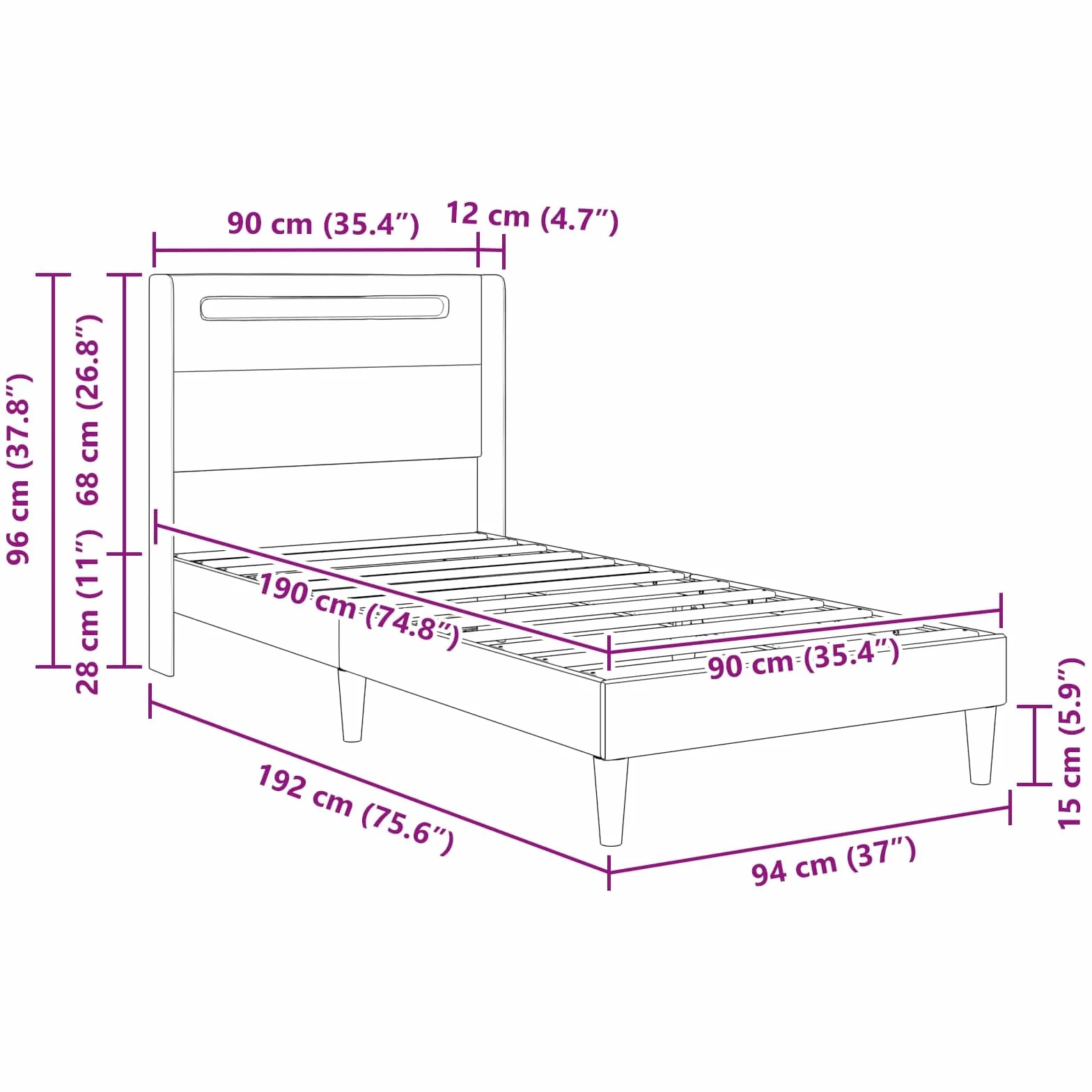 Marco de cama blanco con tiras de luz LED de 90 x 190 cm, piel sintética, marco de madera moderna con tiras LED ajustables Fuente de alimentación USB, diseño estable, para cama individual