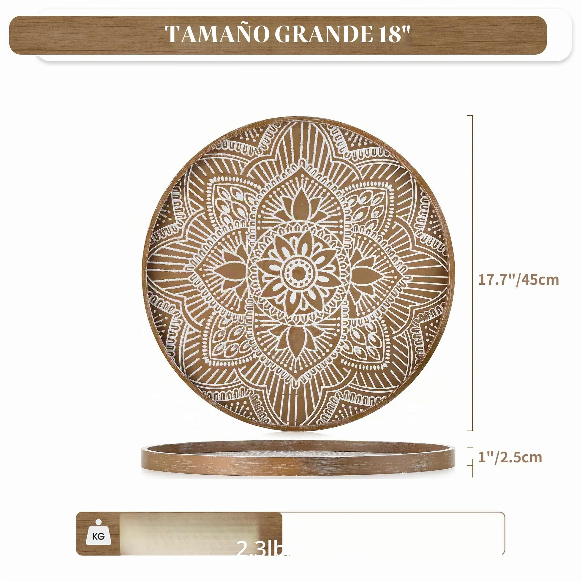 Hanobe Bandeja decorativa redonda grande de madera: Hanobe - Bandeja rústica para mesa de café, decoración de granja, centro de mesa marrón, bandeja redondeada para encimera de cocina, bandeja otomana