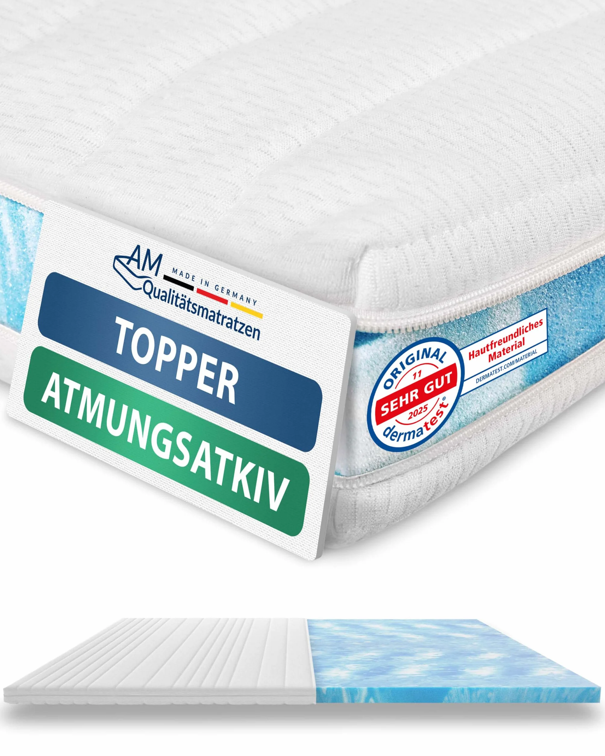 AM Qualitätsmatratzen Sobrecolchon Premium 110x200 cm Suave - Cubre colchon Made in Germany - Topper H1 Certificado Oeko Tex - Topper 110x200 Adaptable y Suave con Funda con Cremallera Lavable
