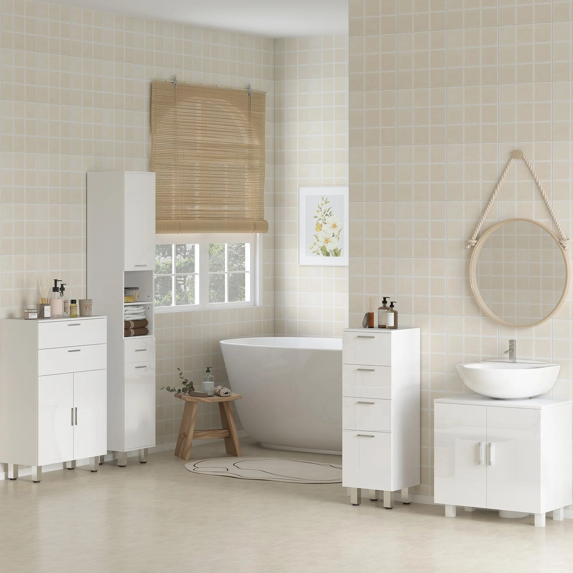 kleankin Mueble Auxiliar Baño Moderno Mueble de Baño con Estantes Ajustables y 2 Cajones Armario Mueble de Almacenaje para Dormitorio Salón Antivuelco Blanco Brillo Carga 35 kg 60x30x93 cm
