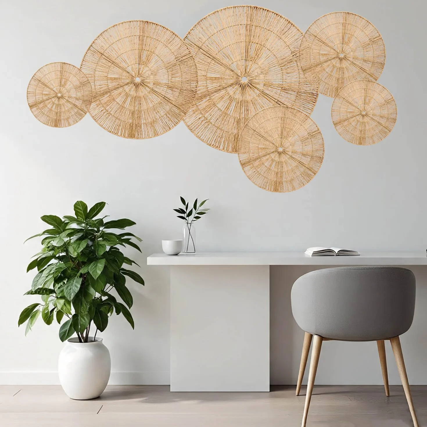 Laquedecraft Juego de cestas de mimbre bohemio para decoración de pared, gran tejido rústico, bohemio, para decoración del hogar, dormitorio, sala de estar, cocina, baño (clásico, natural, juego de 6)
