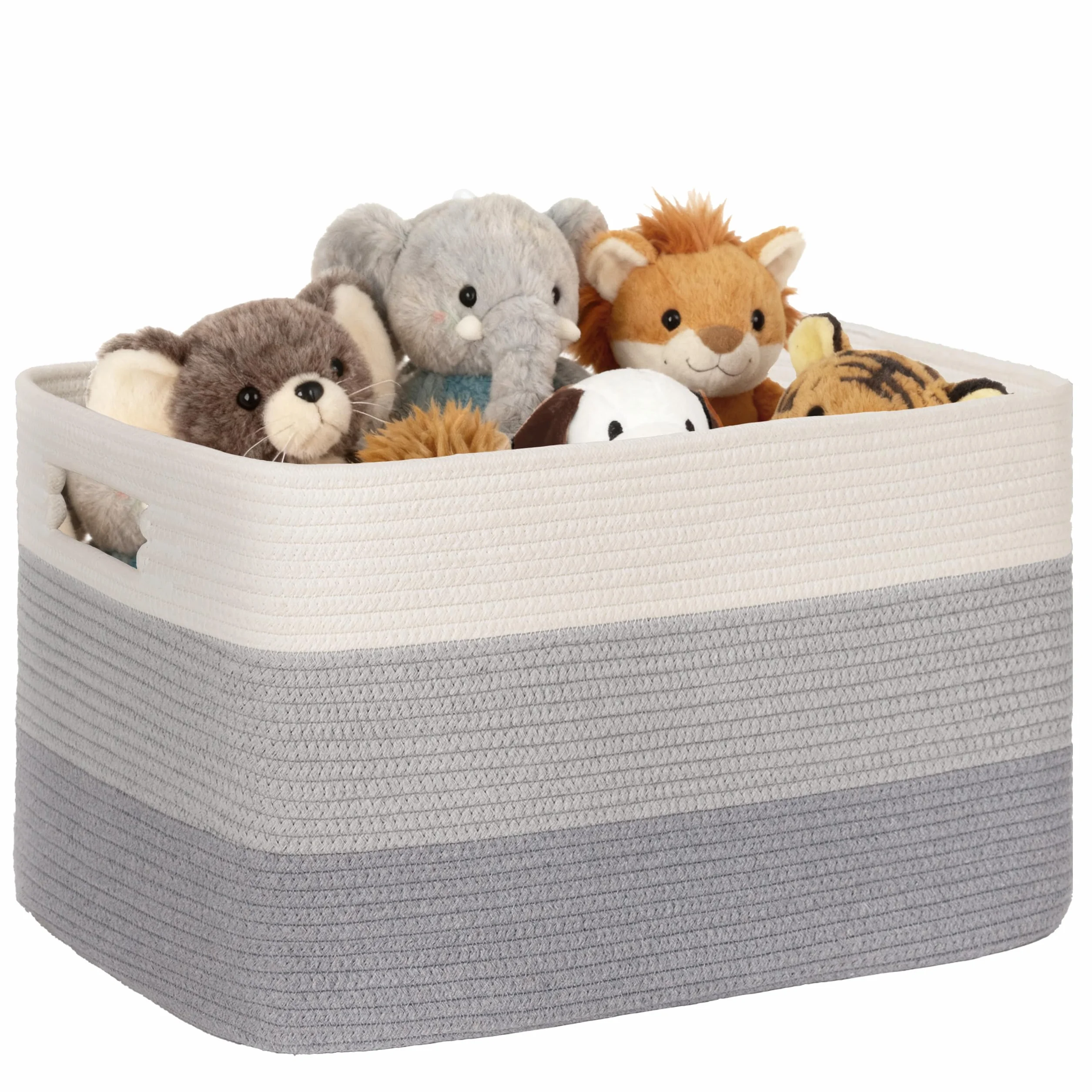 Gran organizador 86L en cuerda de algodón, cesto para juguetes, mantas, ropa, trenzado con asas, recogedor de ropa de tela para decoración de habitación infantil o salón, degradado gris