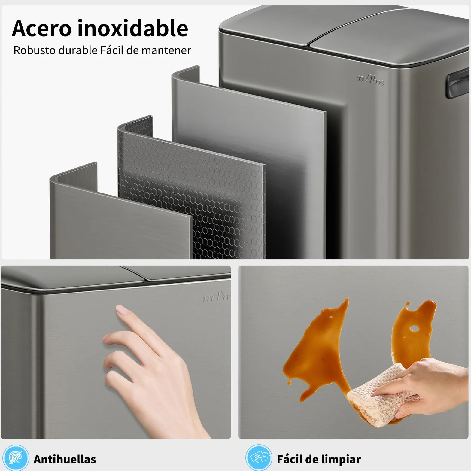 mVm Cubo de Basura Reciclable, Basurero de 60 L, 2 Compartimentos 2 x 30L con Pedal y Tapa de Cierre Suave, Papelera Moderna y Robusta, para Cocina, Salón, Gris