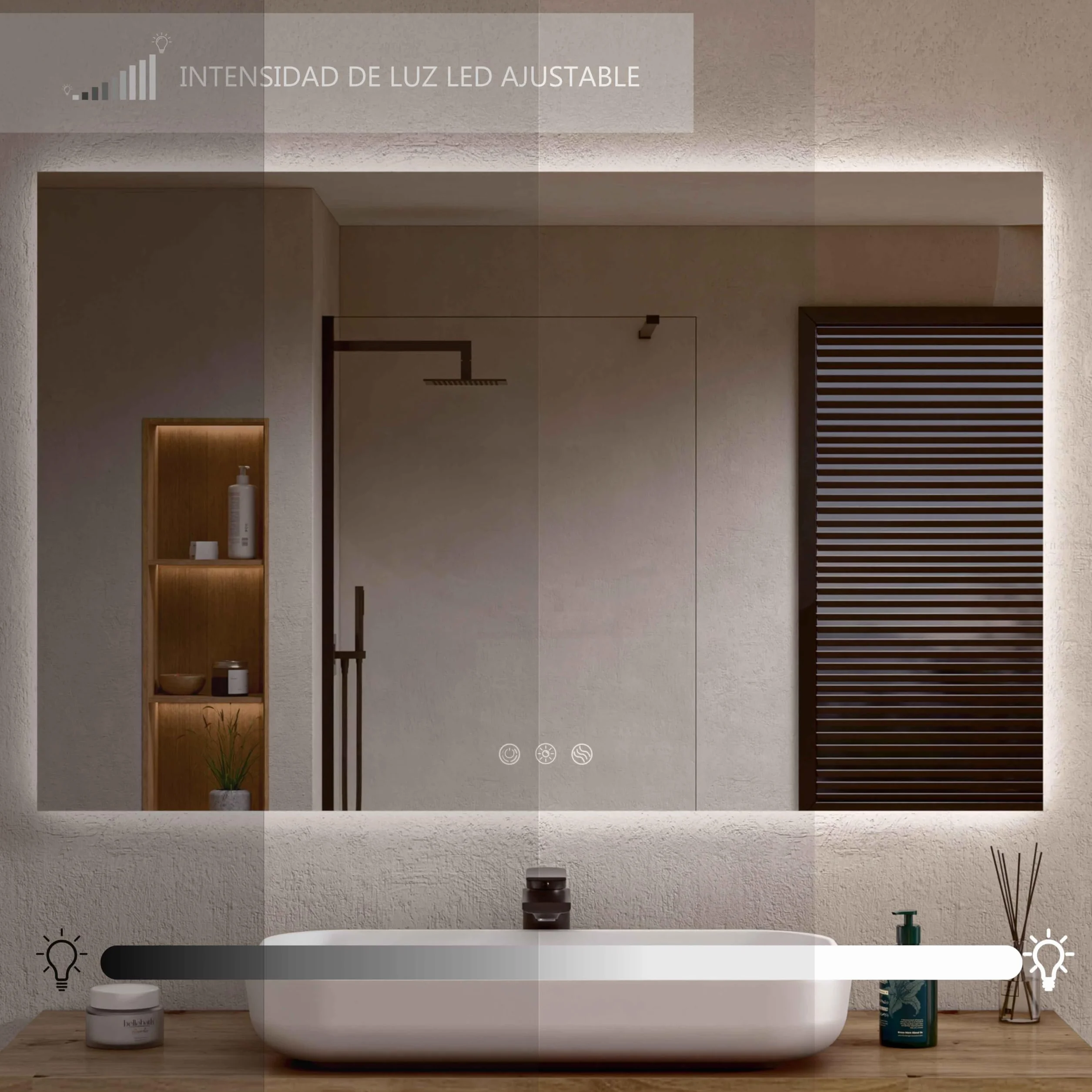 BELLOBATH - Espejo Baño con Luz Led, Luz Ajustable en 3 Colores e Intensidad, Antivaho, Espejos de Baño con Led, Waterproof IP65 - Luz Indirecta - 80cm Alto x 120cm Ancho