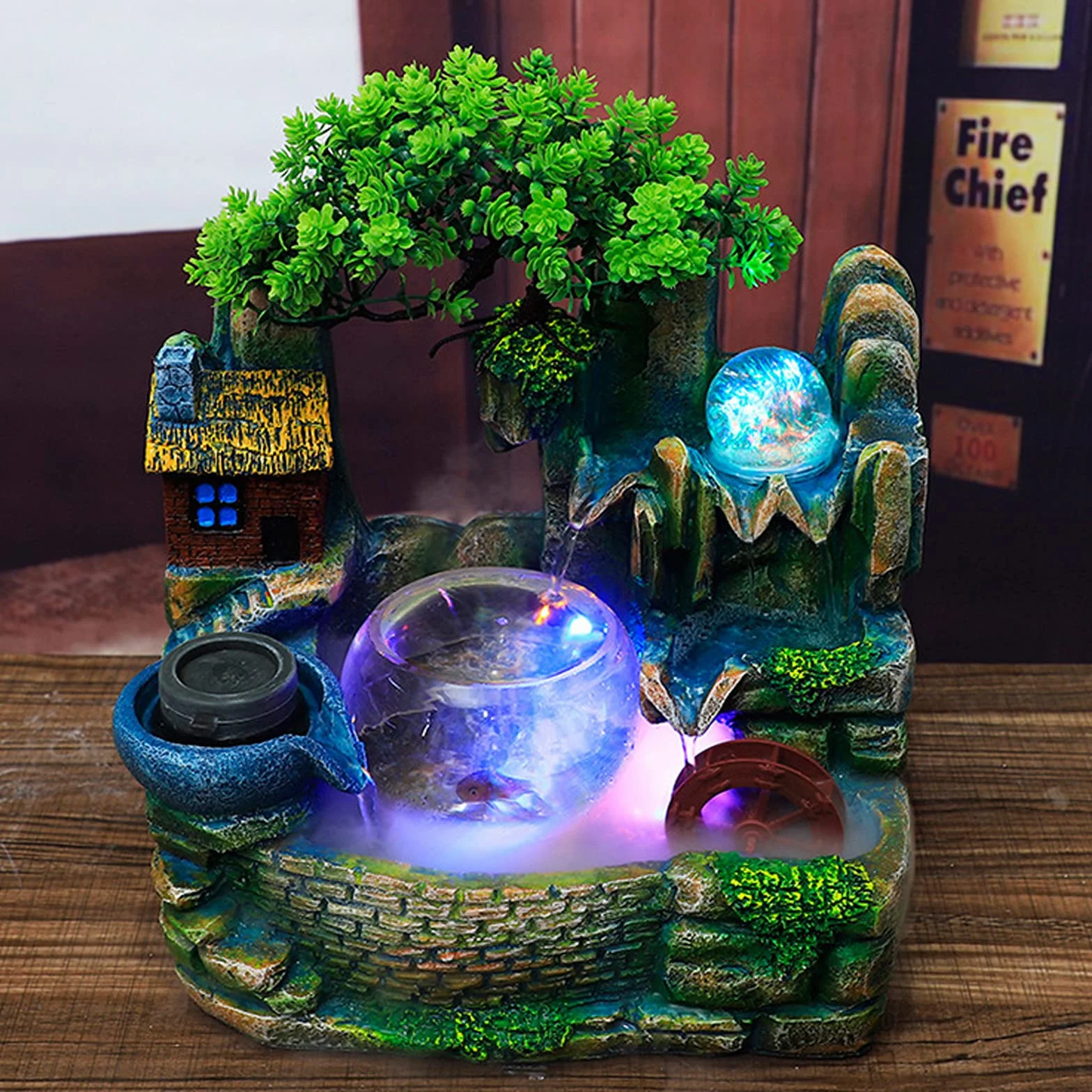 Fuente de habitación, cascada, fuente de mesa con iluminación LED y niebla, fuente interior de habitación, fuente pequeña con plantas, para la colocación en sala de estar oficina