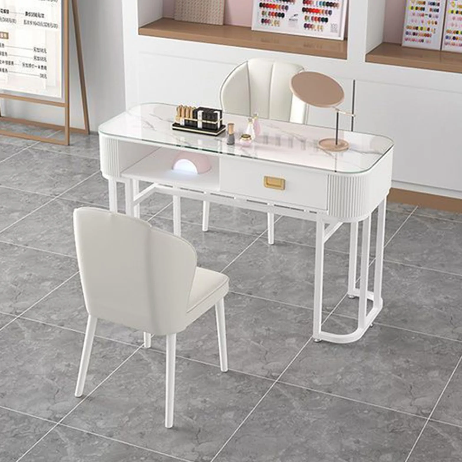Estación de Manicura Moderna, Mesa de Manicura con Cajones Estación de Trabajo Profesional de Cristal con Estantes Abiertos para Salón de Manicura, Oficina(Style 2,100x40x76cm)
