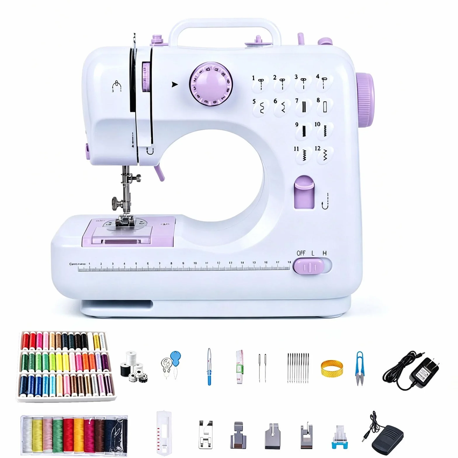 Máquina de Coser compacta for Principiantes con 12 Puntadas incorporadas, luz LED | Máquina de coser eléctrica doméstica, brazo libre, prensatelas de cambio rápido, pedal y kit de costura