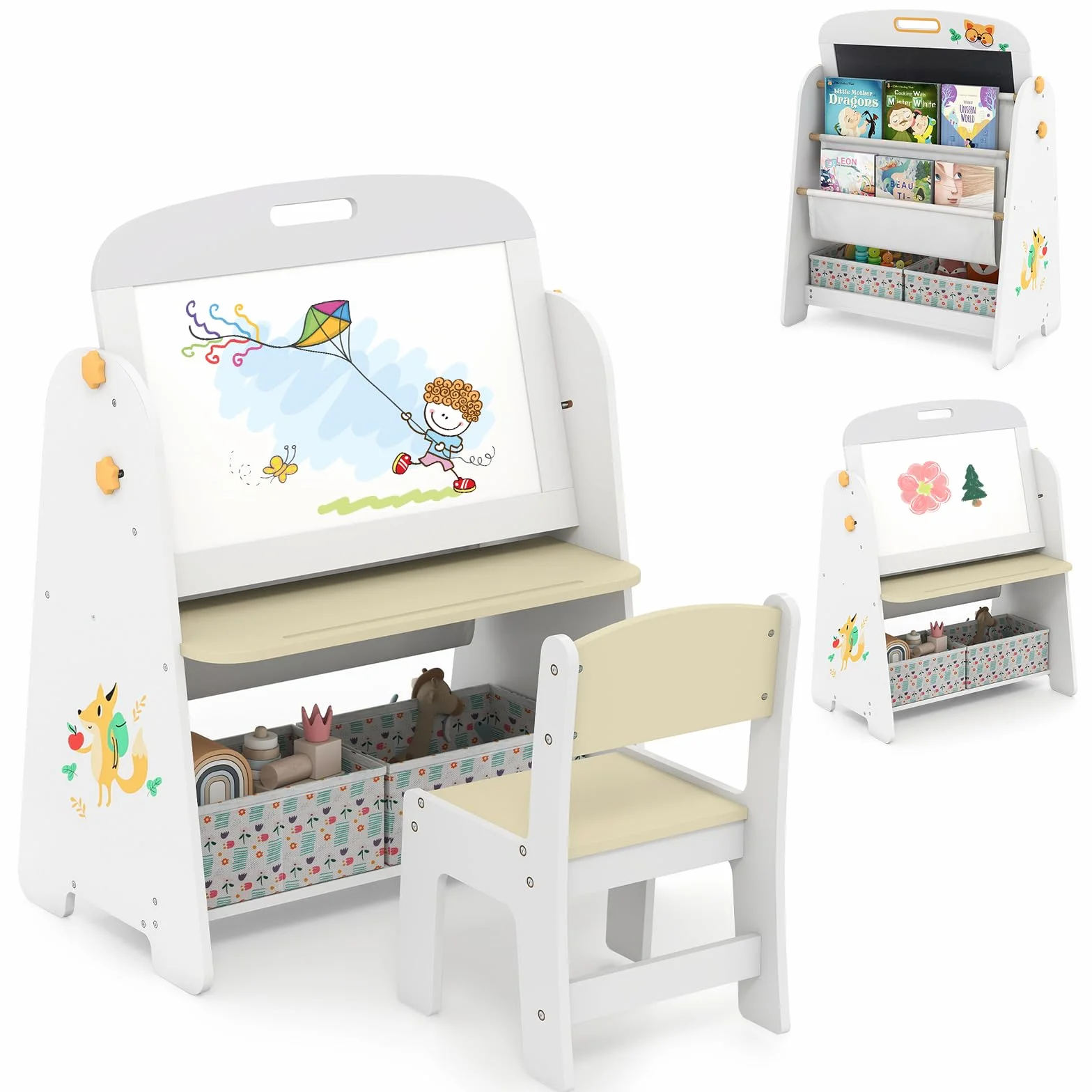 HOMASIS 4 en 1 Juego de Mesa Artística para Niños con Silla, Escritorio, Pizarra Magnética, Pizarra Negra y Estante, Caballete Ajustable en Ángulo con Goma y 5 Tizas (Natural)