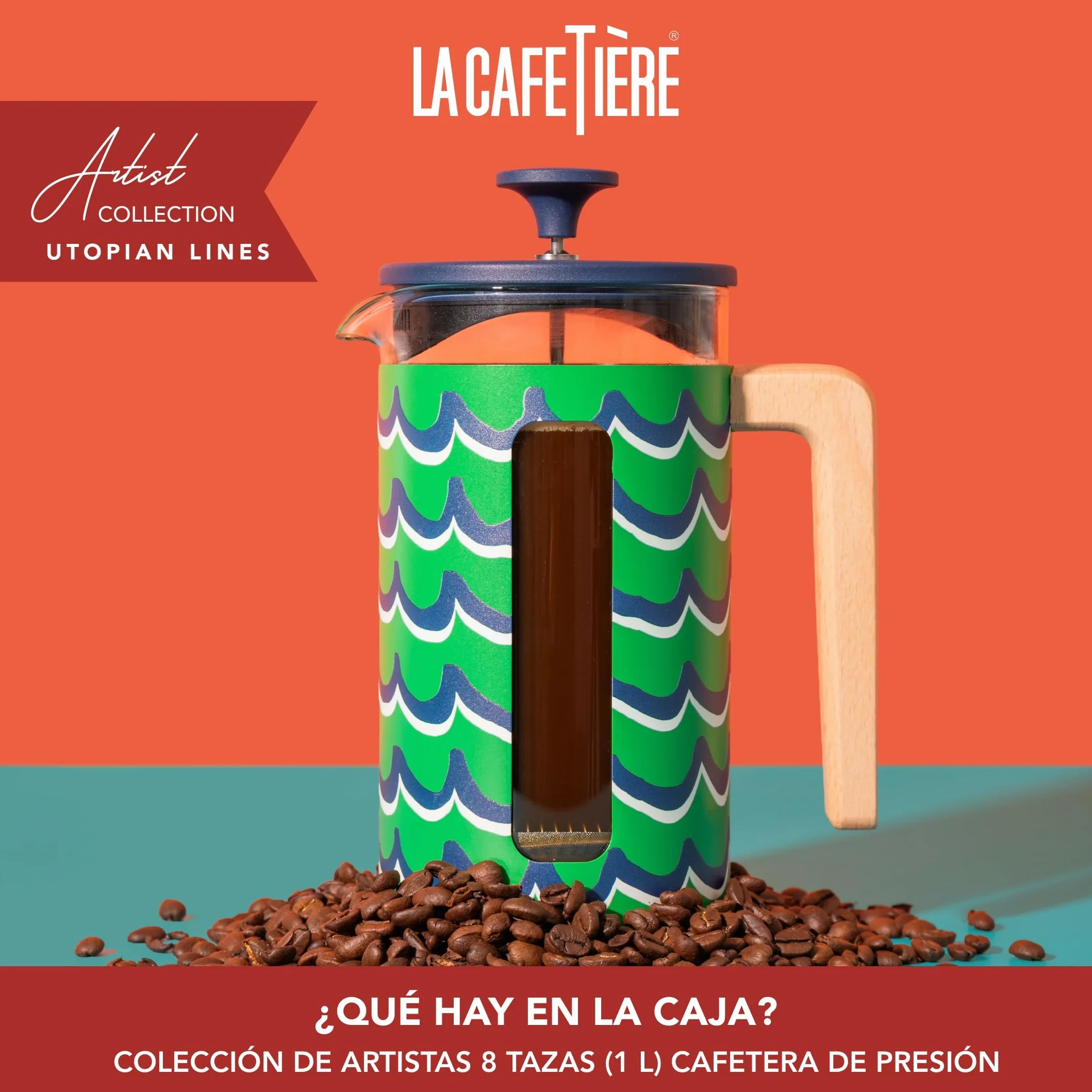 La Cafetière Pisa - Cafetera grande de prensa francesa con diseño de remolino, cafetera de cerámica resistente al calor de 1 L con émbolo de fácil agarre, té suelto y café molido, Cyan Tides
