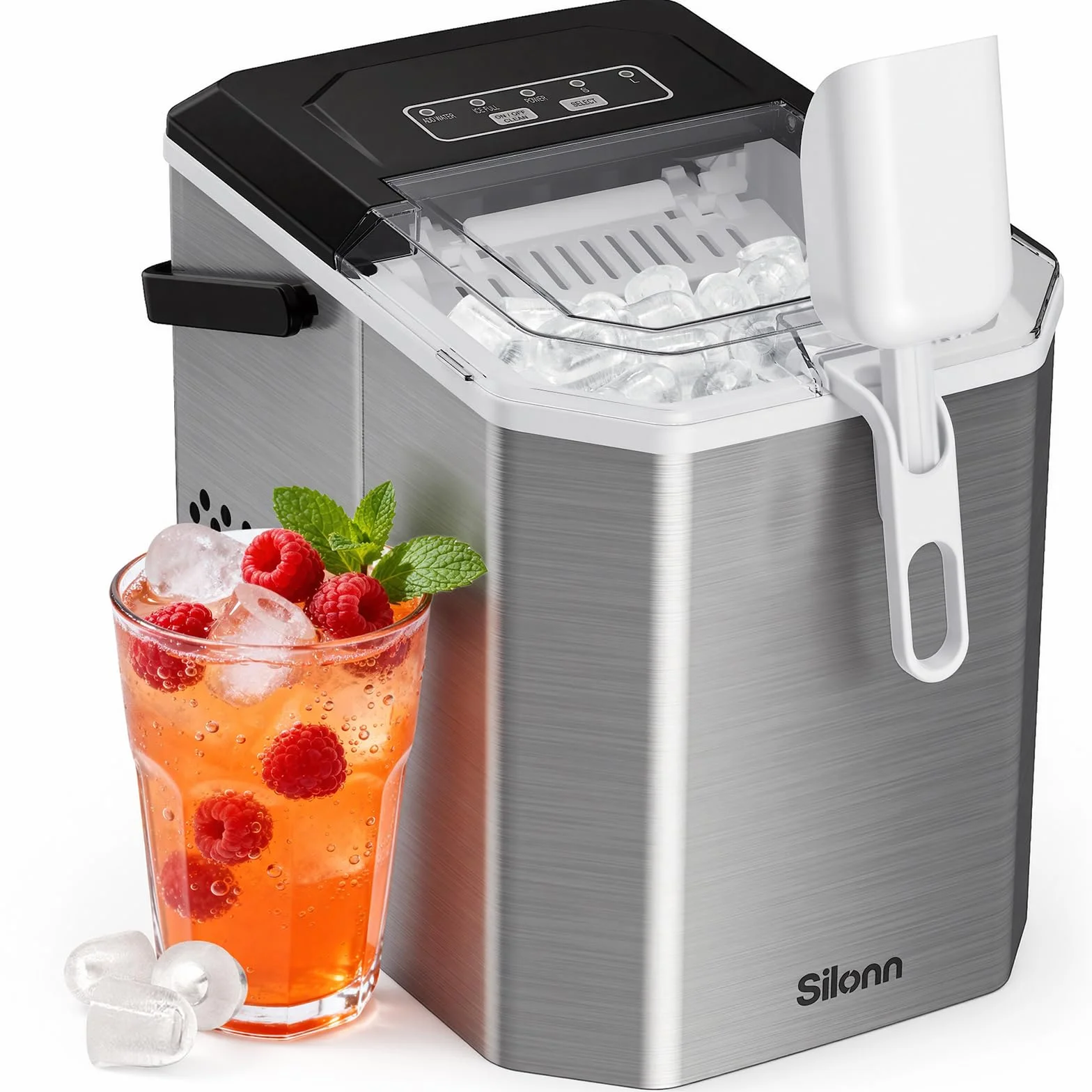Silonn Máquina de hielo para encimera, máquina de hielo portátil con asa de transporte, máquina de cubitos de hielo autolimpiable con cesta y cuchara, 9 cubos en 6 minutos, 12 kg por día, ideal para