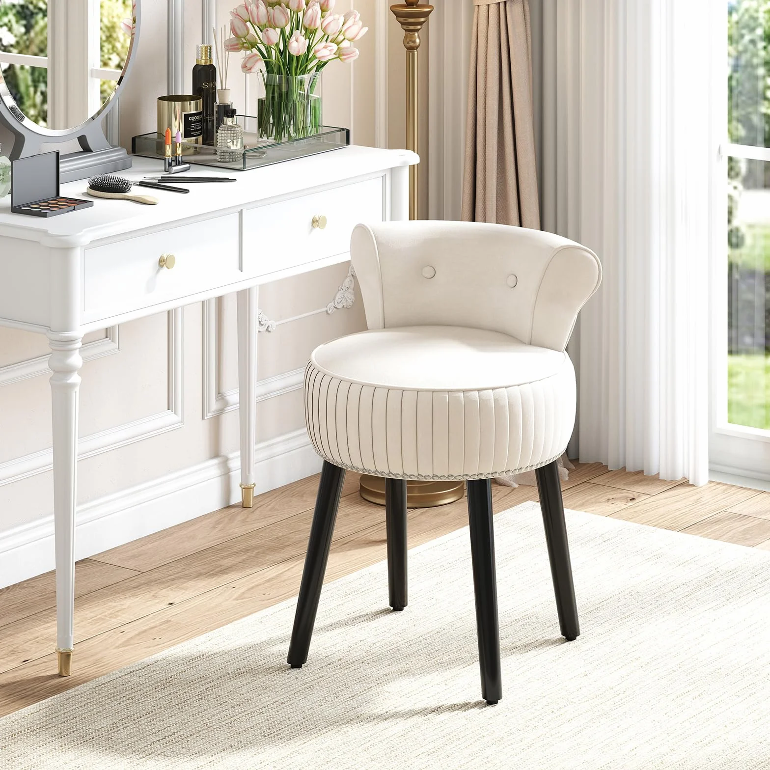 GIANTEX Silla para Tocador, Taburete de Maquillaje con Respaldo, Silla Acolchada de Terciopelo con Patas de Madera de Caucho, Sillón Moderno sin Brazos para Dormitorio Vestidor Sala de Estar (Beige)