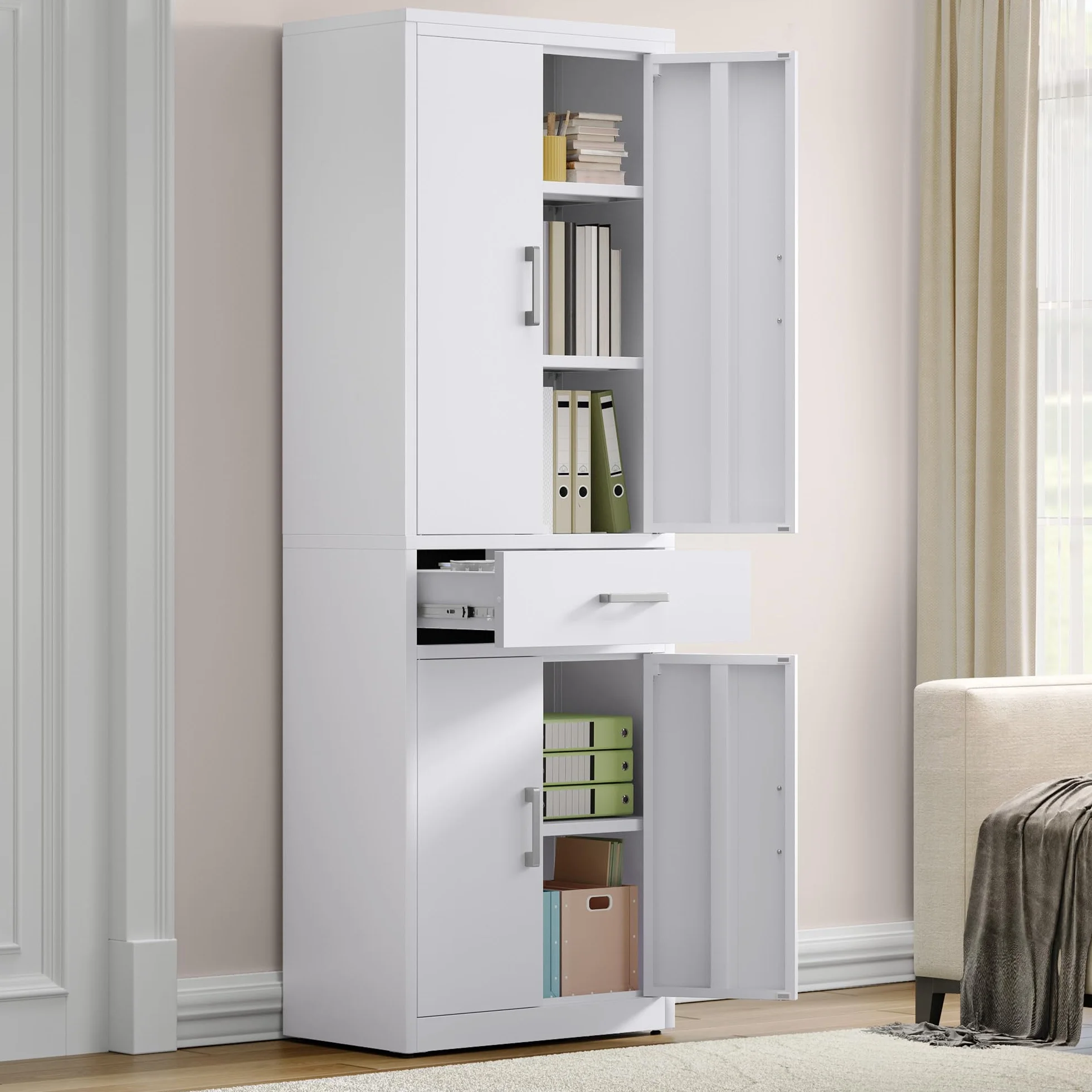YITAHOME Armario archivador, Archivador Vertical con cajones 3 estantes Ajustables, para Garaje, Oficina, 180H x 60W x 34D, Blanco (No Hay Tablero Trasero contra la Pared)