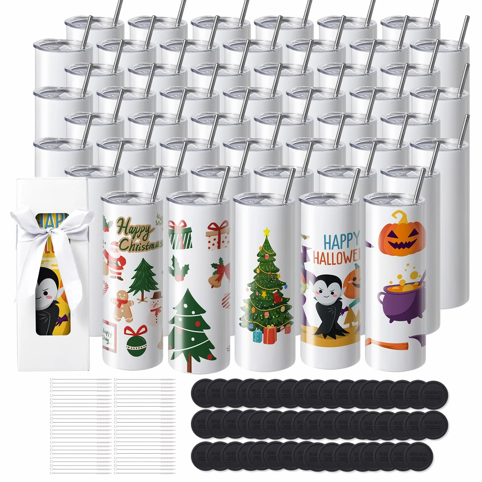 VEVOR Paquete de 50 Vasos de Sublimación Rectos de Acero Inoxidable de Doble Pared, Cada 591,5 ml, Vaso con Pajita, Tapa, Cepillo, base, Envoltura Retráctil, Caja de Regalo, para prensa de calor