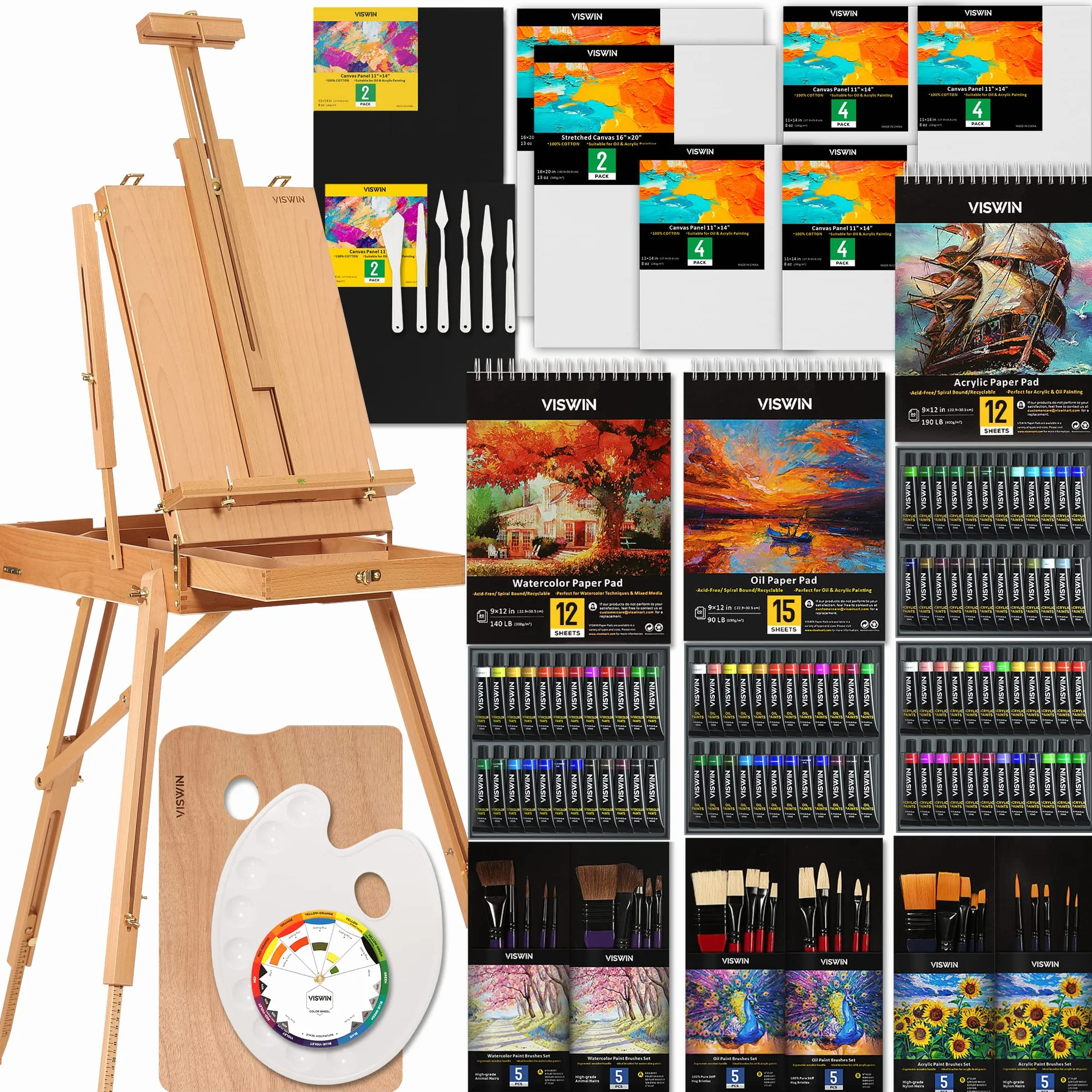 VISWIN Kit de Pintura Todo-en-Uno Profesional con Caballete de Aluminio y Haya, Set Completo con 96 Acrílicos, Acuarelas y Óleos, Lienzos, Kit Profesional para Adultos, Artistas, Niños